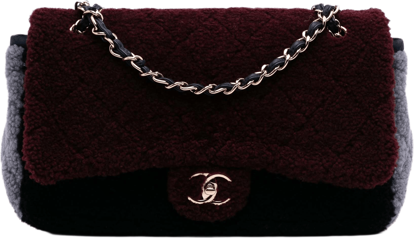 Chanel Medium Tricolor Cc Quilted Shearling Single Flap, från Luxclusif, i färgen röd.