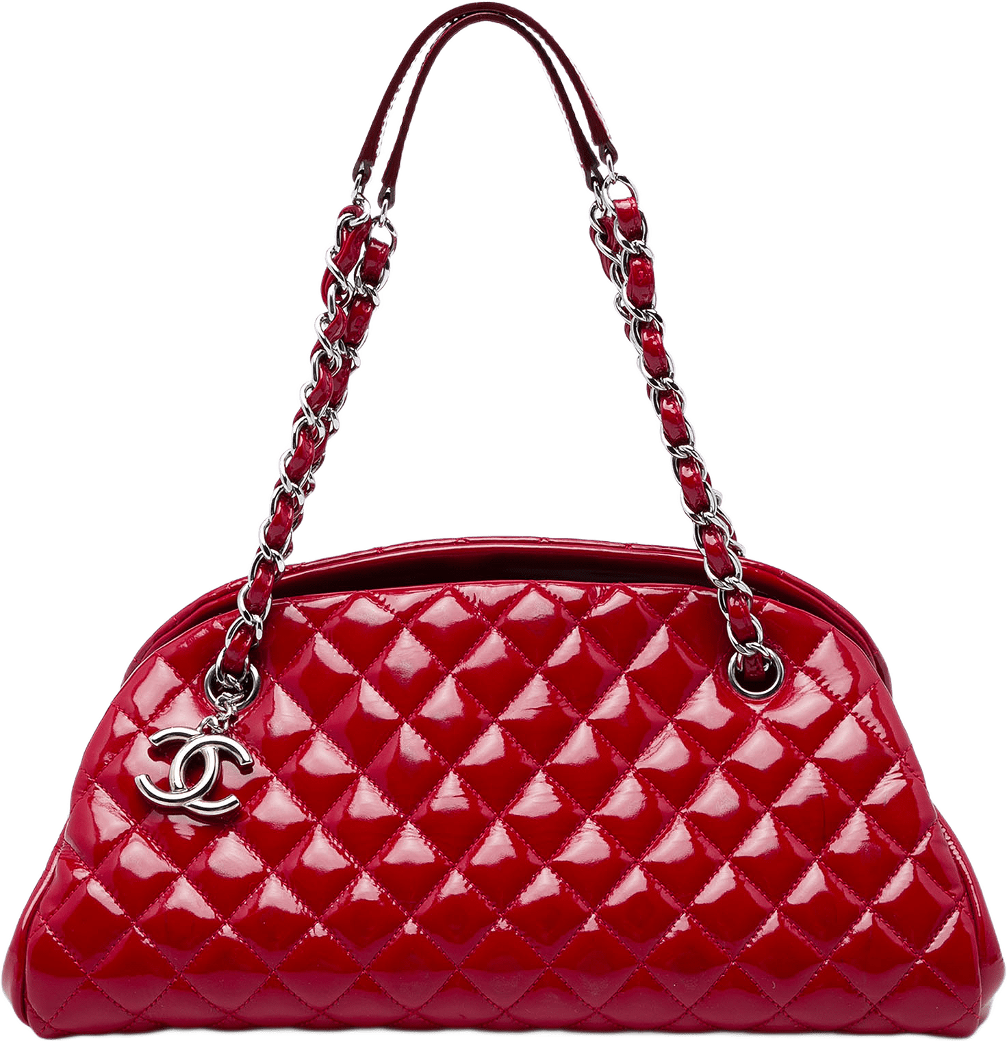 Chanel Medium Quilted Patent Just Mademoiselle Bowling Bag, från Luxclusif, i färgen röd.