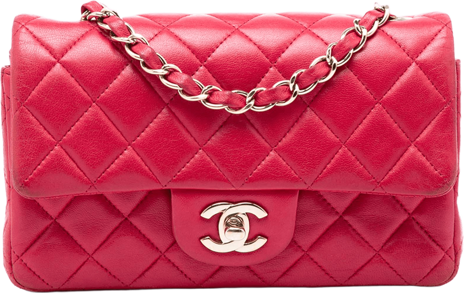 Chanel Mini Rectangular Classic Lambskin Single Flap, från Luxclusif, i färgen strawberry.