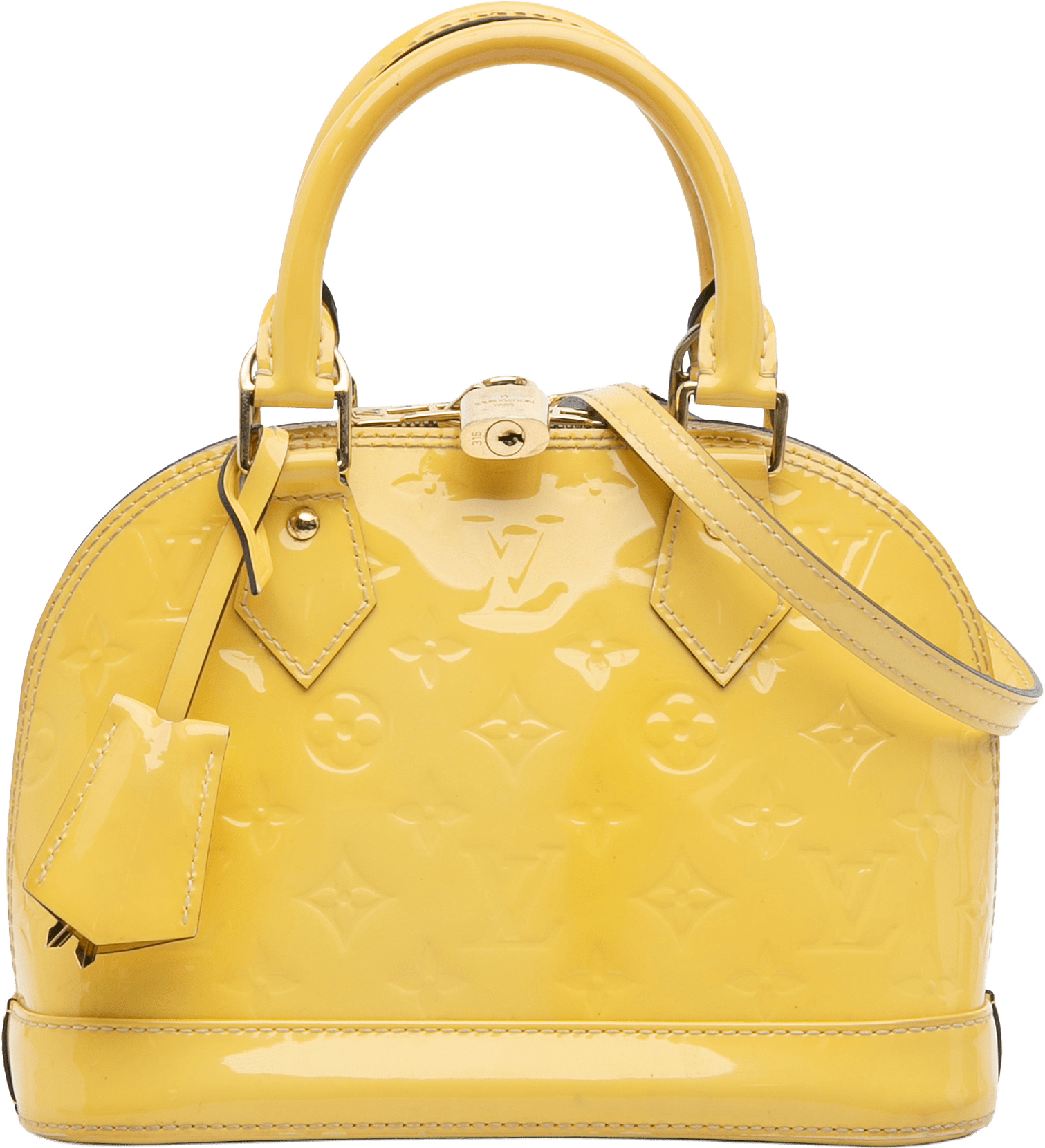 Louis Vuitton Monogram Vernis Alma Bb, från Luxclusif, i färgen yellow.