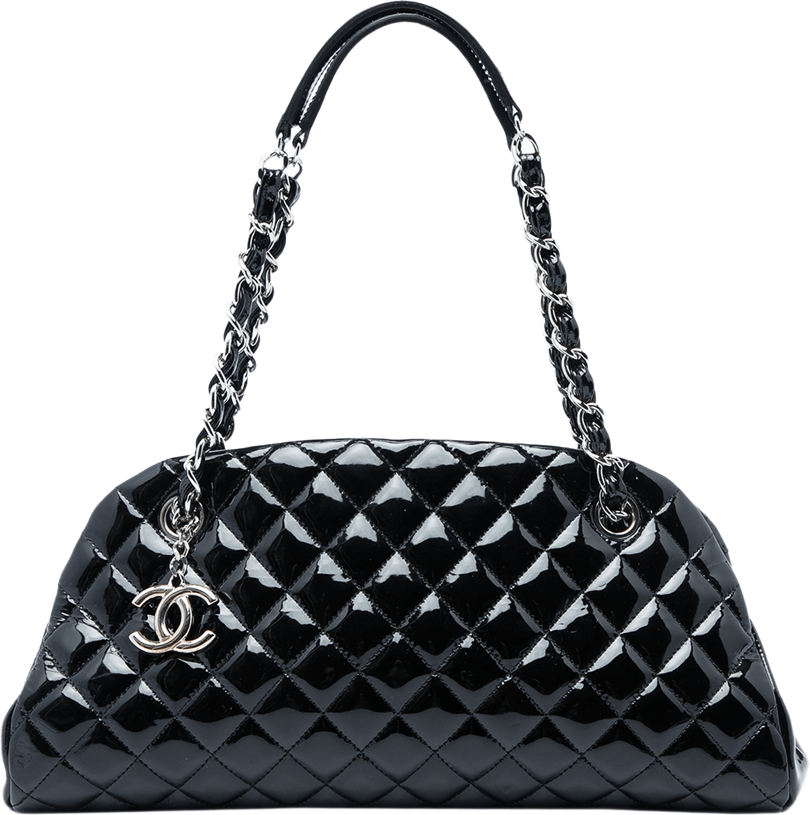 Chanel Medium Quilted Patent Just Mademoiselle Bowling Bag, från Luxclusif, i färgen svart.