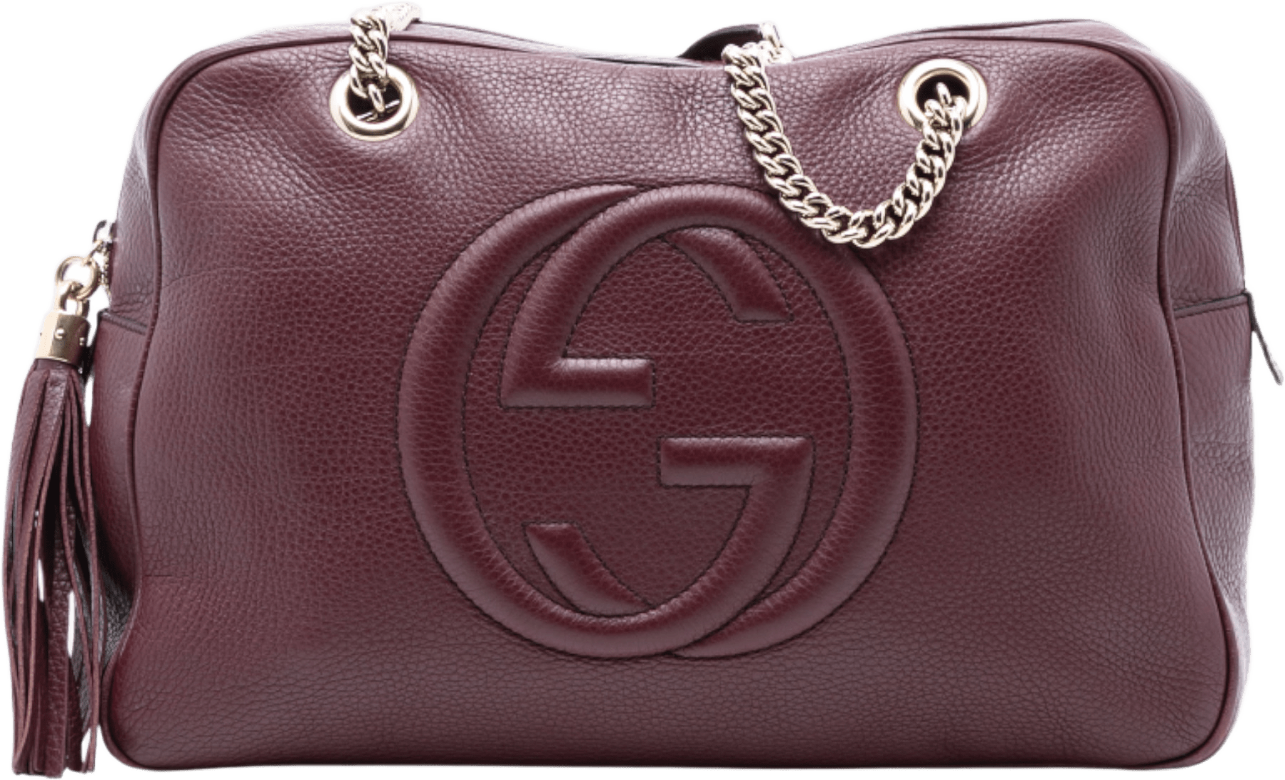 Gucci Leather Soho Chain Shoulder, från Luxclusif, i färgen burgundy.