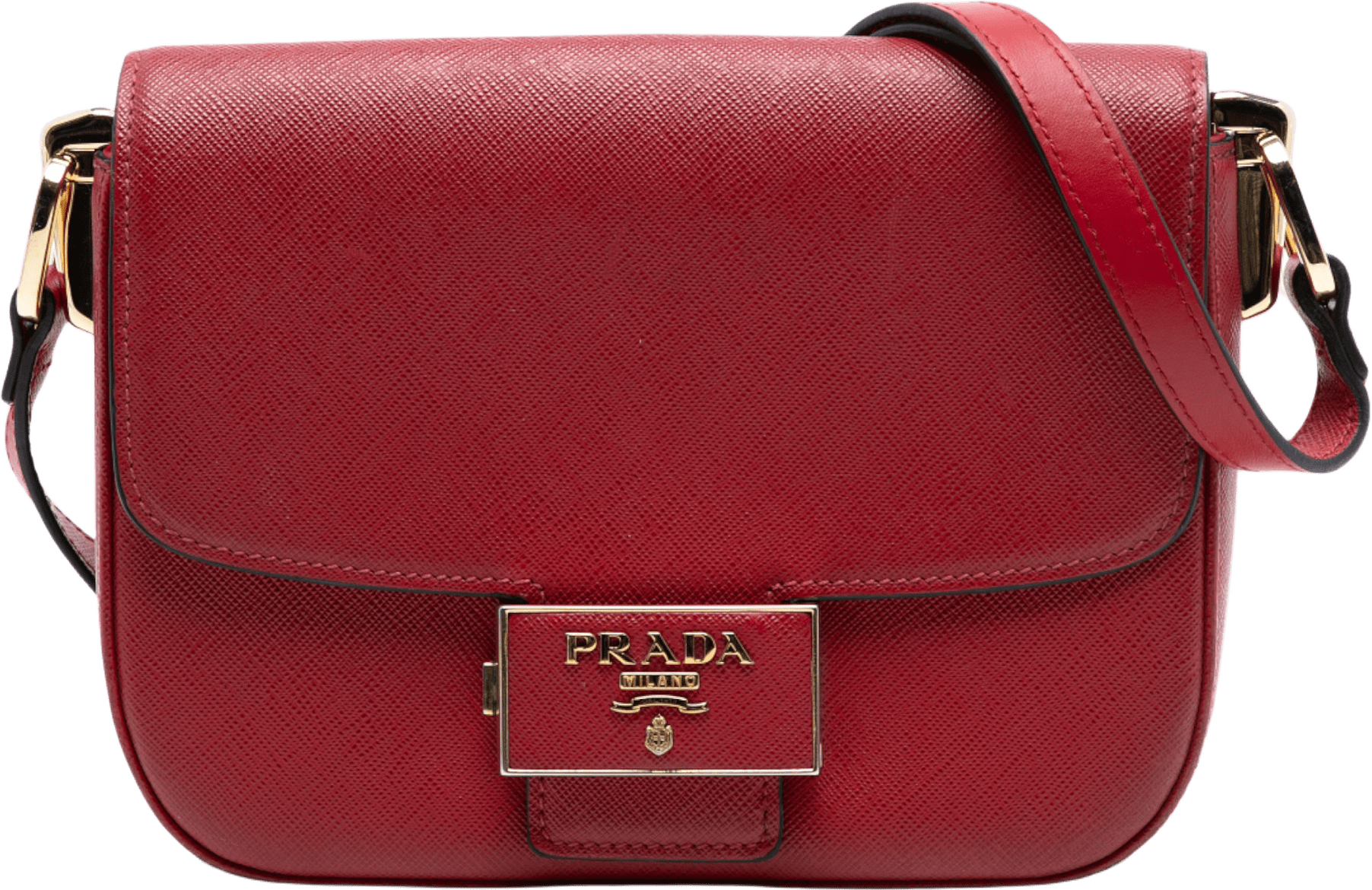 Prada Saffiano Lux Embleme Crossbody, från Luxclusif, i färgen red.
