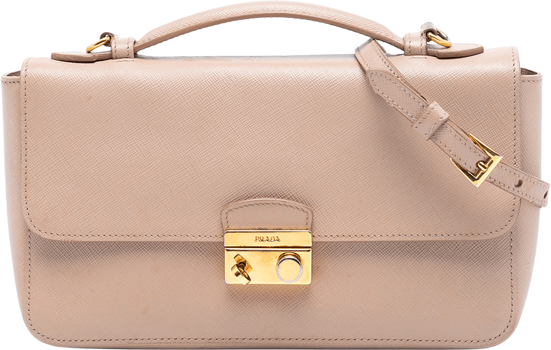 Prada Saffiano Sound Lock Satchel, från Luxclusif, i färgen nude.