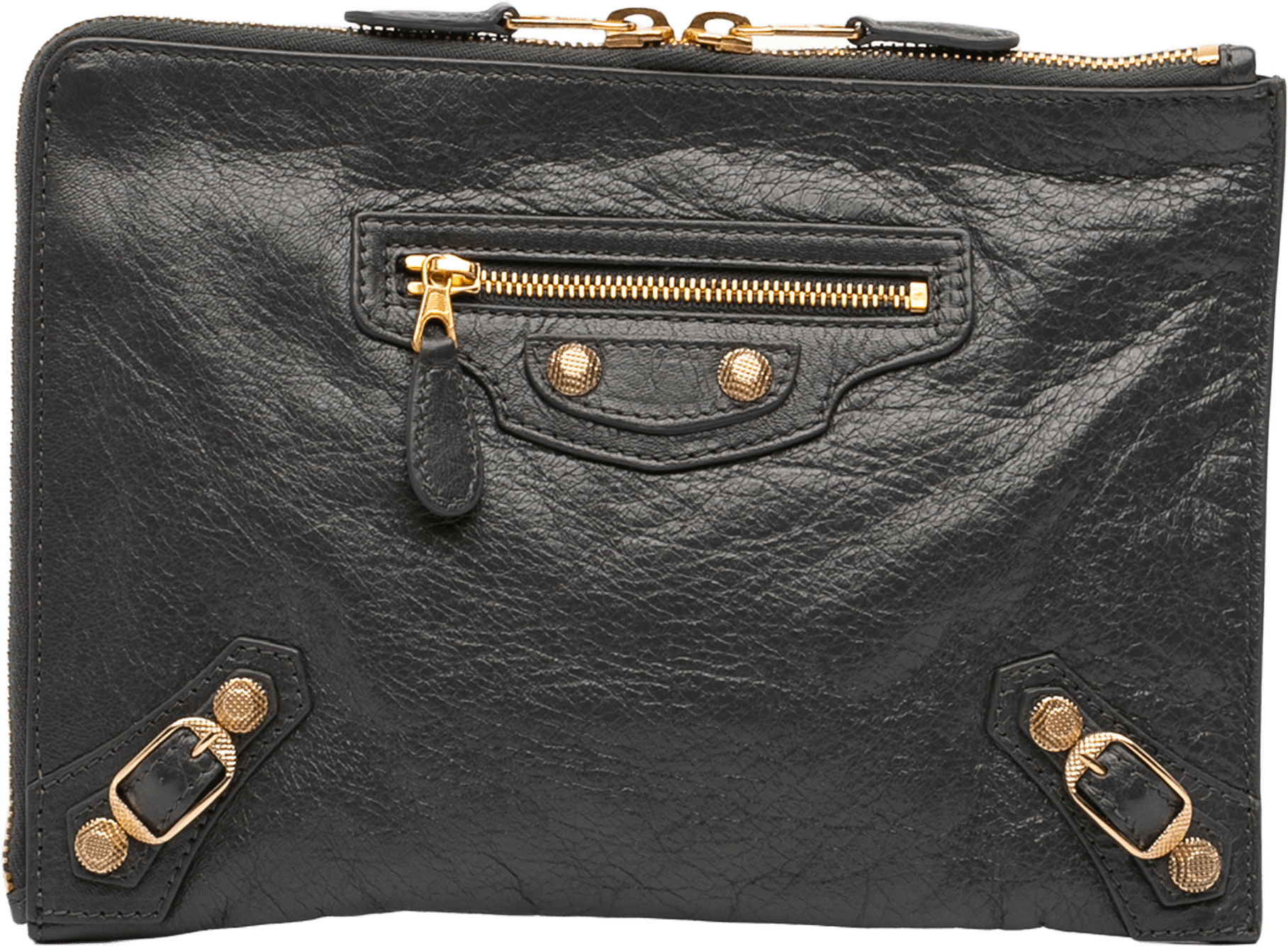 Balenciaga Lambskin Motocross Giant 12 Zip Around Flat Clutch, från Luxclusif, i färgen charcoal.