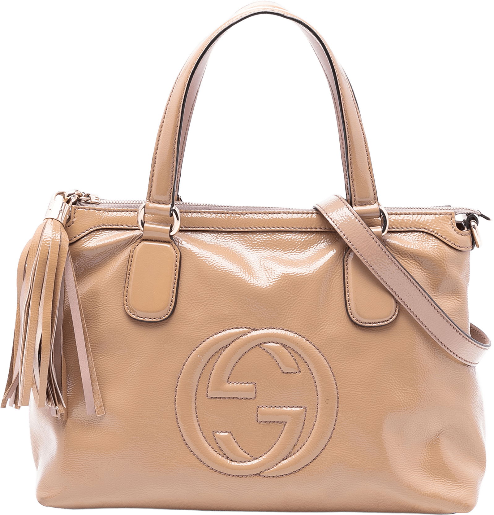 Gucci Small Patent Soho Working Satchel, från Luxclusif, i färgen beige.