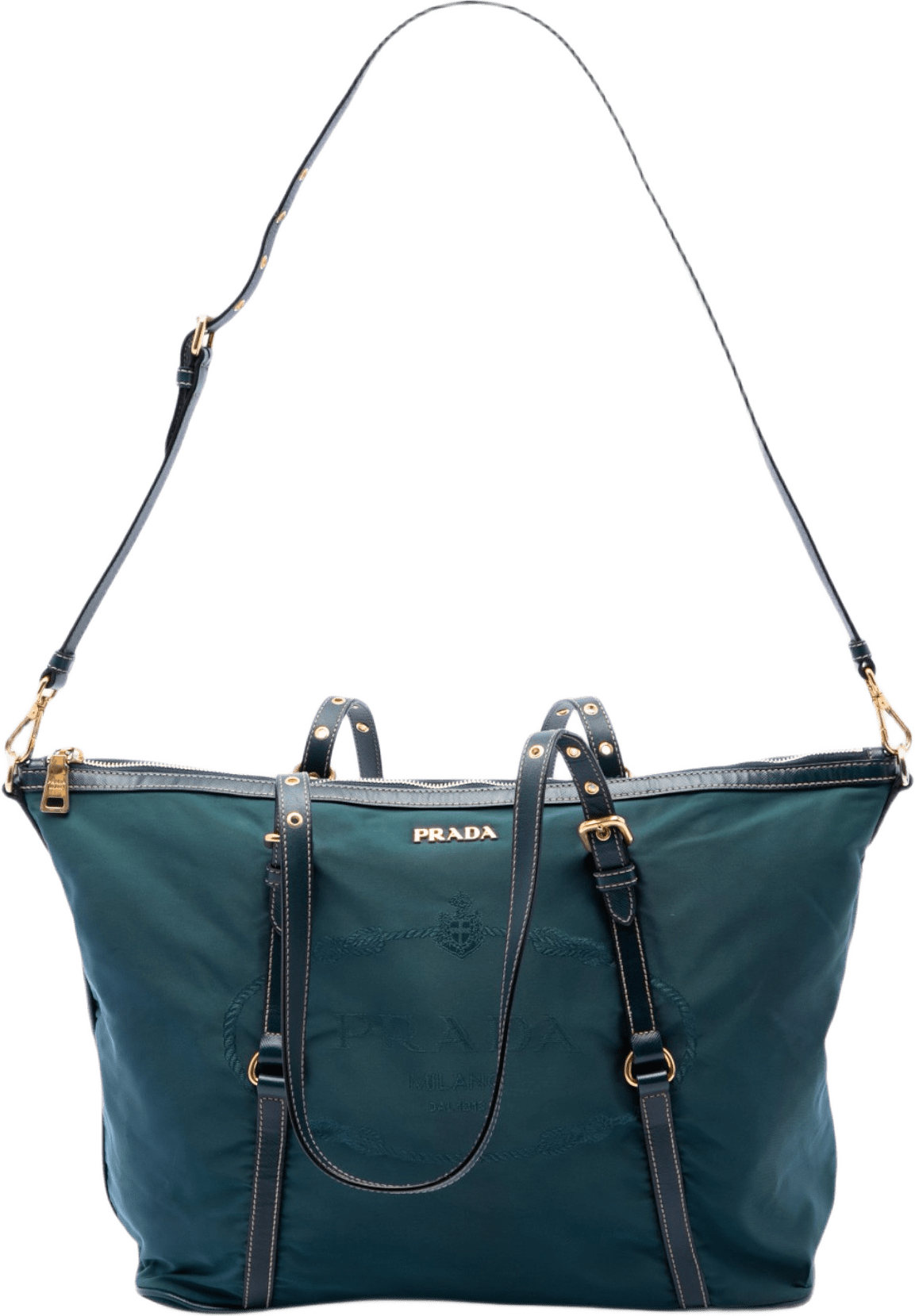 Prada Saffiano Trimmed Tessuto Satchel, från Luxclusif, i färgen grön.