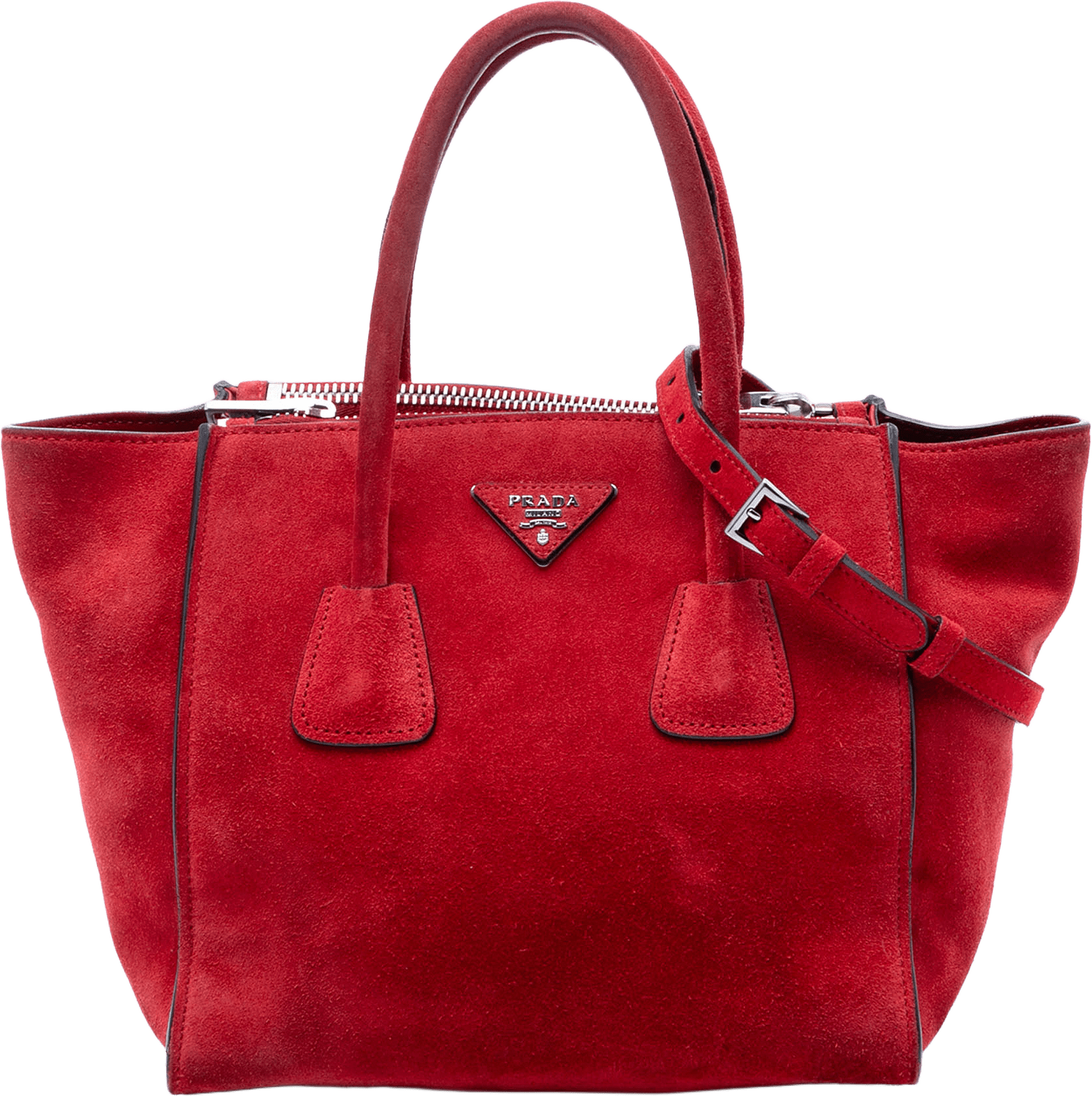 Prada Small Scamosciato Twin Pocket Satchel, från Luxclusif, i färgen red.
