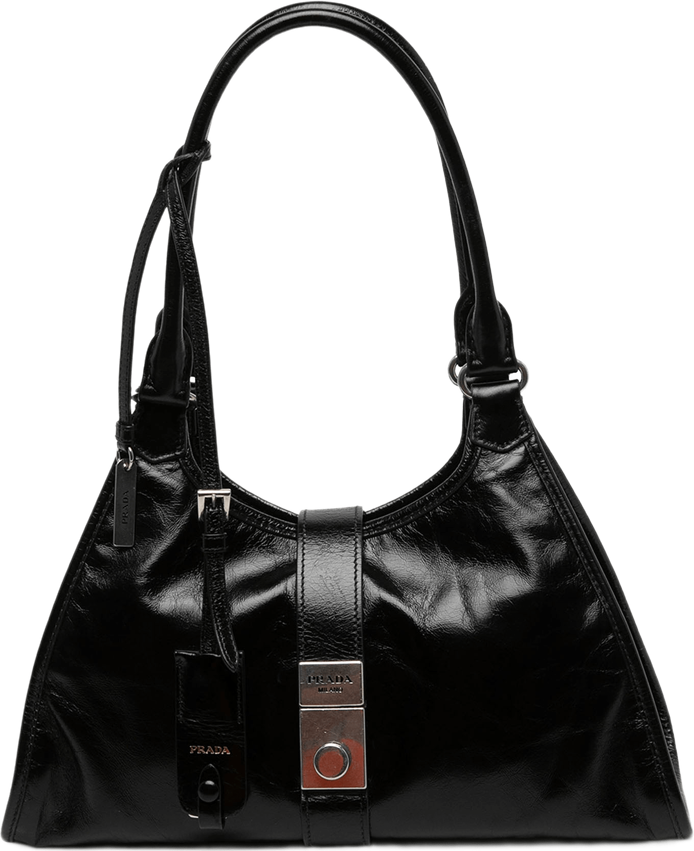 Prada Medium Glossy Calfskin Shoulder Bag, från Luxclusif, i färgen svart.