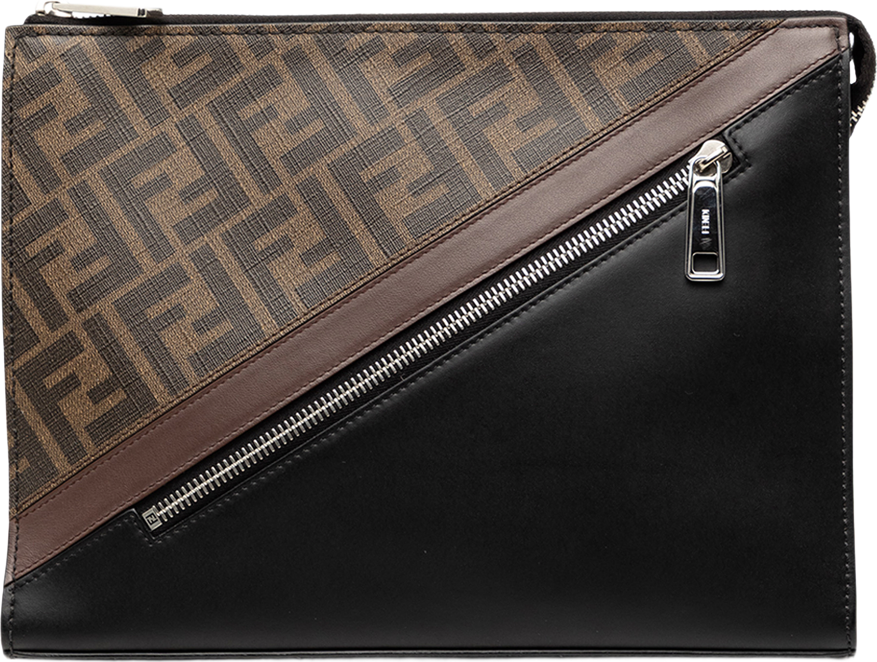 Fendi Zucca Coated Canvas Diagonal Front Zip Clutch, från Luxclusif, i färgen brun.