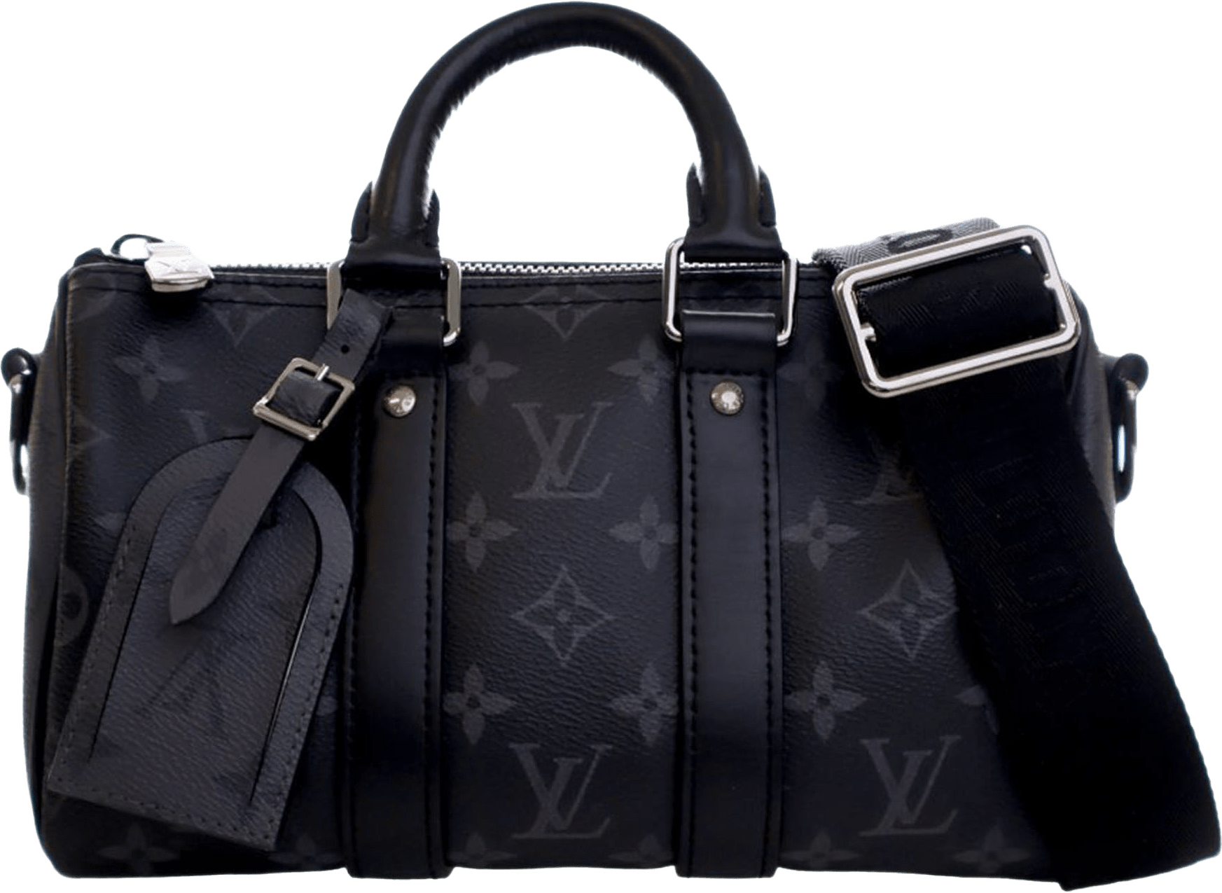 Louis Vuitton Monogram Eclipse Reverse Keepall Bandouliere 25, från Luxclusif, i färgen svart.