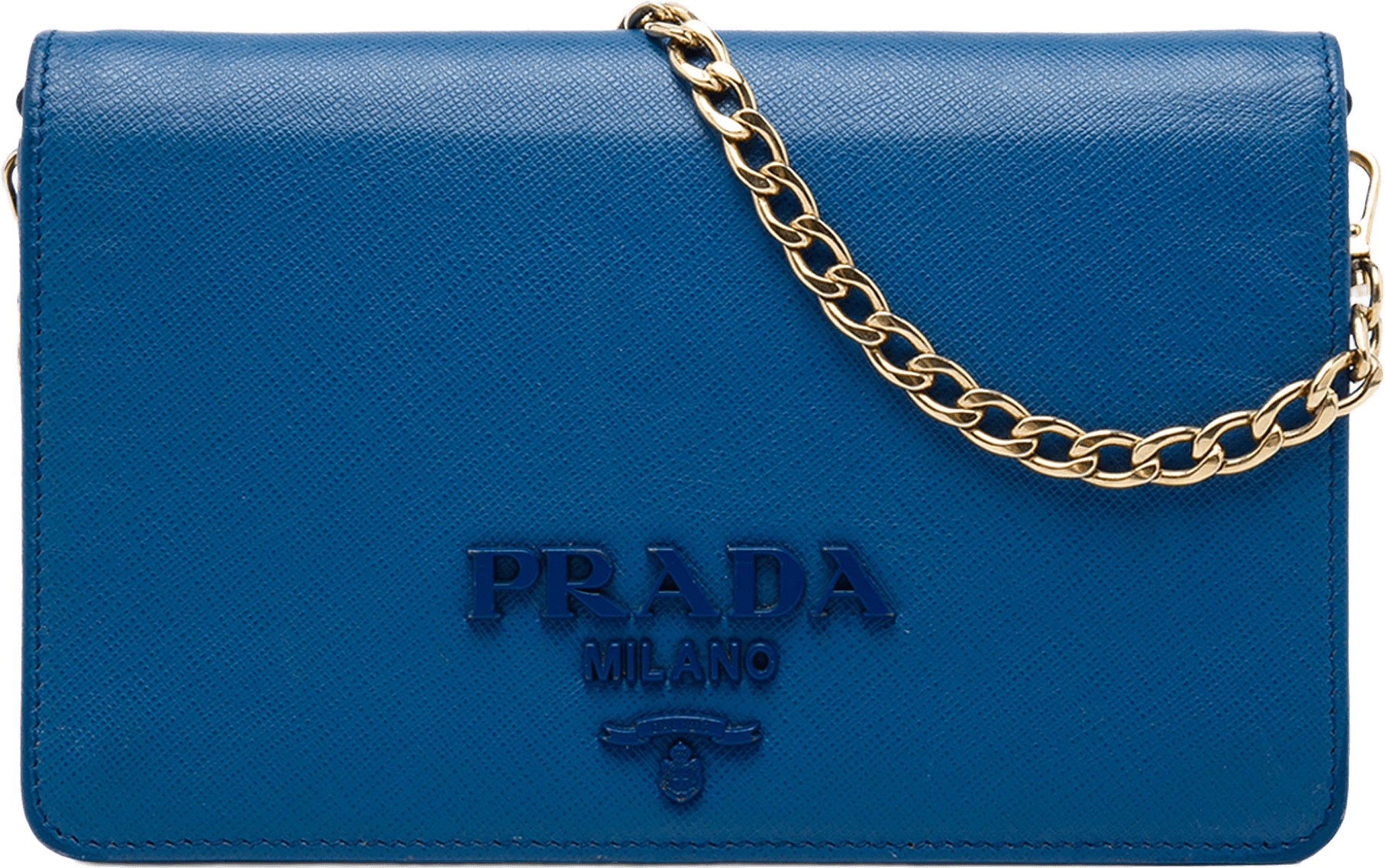 Prada Saffiano Lux Monochrome Wallet On Chain, från Luxclusif, i färgen blå.