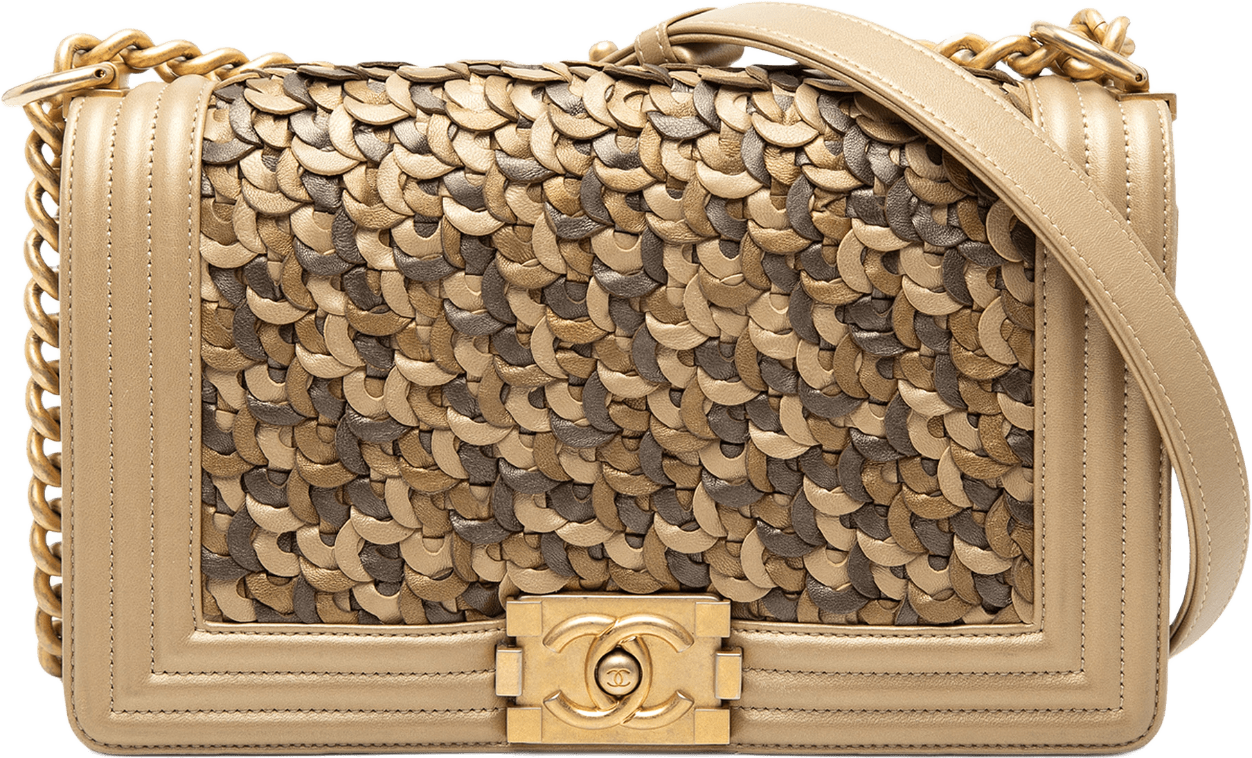 Chanel Old Medium Braided Metallic Lambskin Boy Flap, från Luxclusif, i färgen brun.