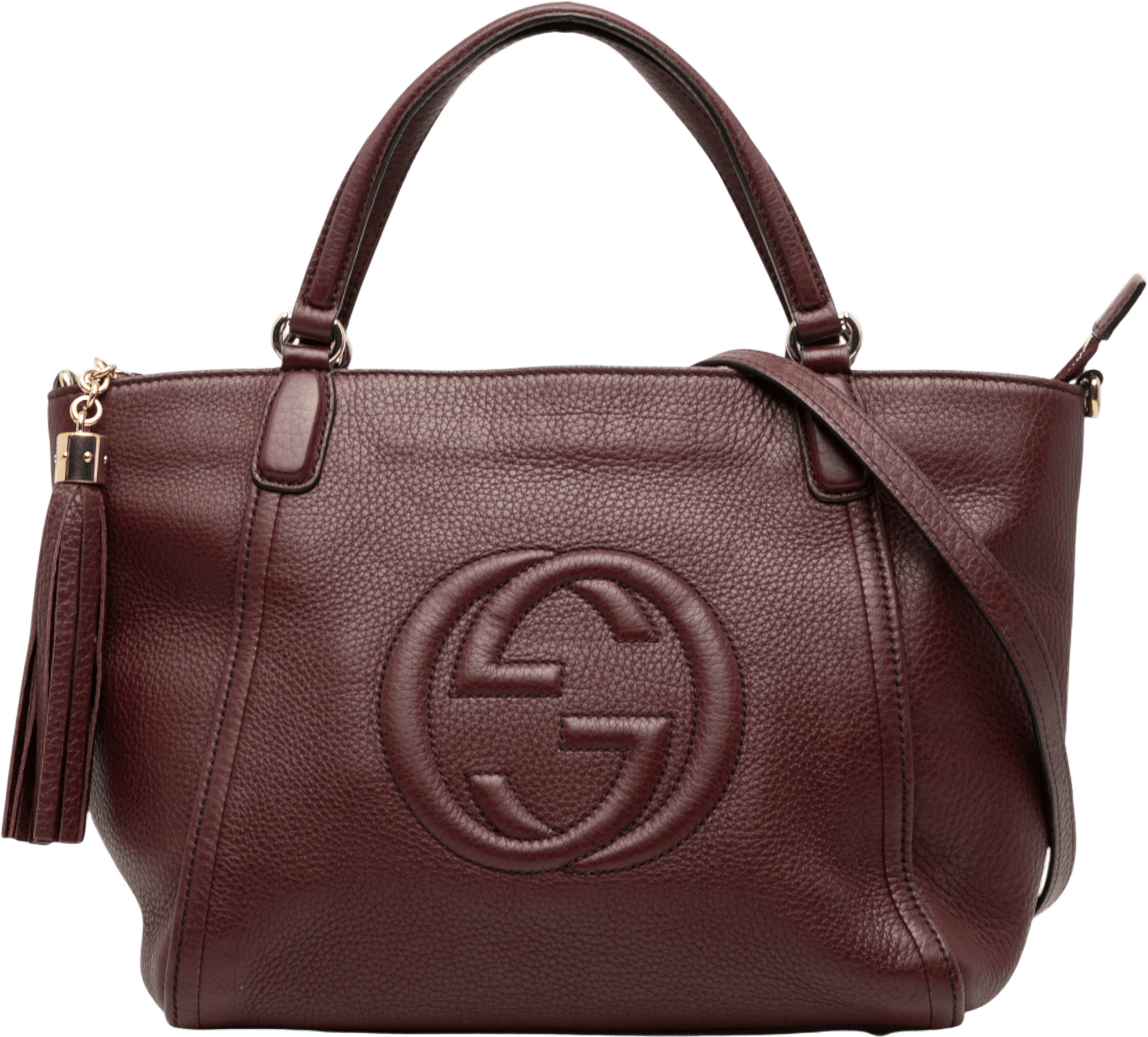 Gucci Small Leather Soho Cellarius Satchel, från Luxclusif, i färgen burgundy.