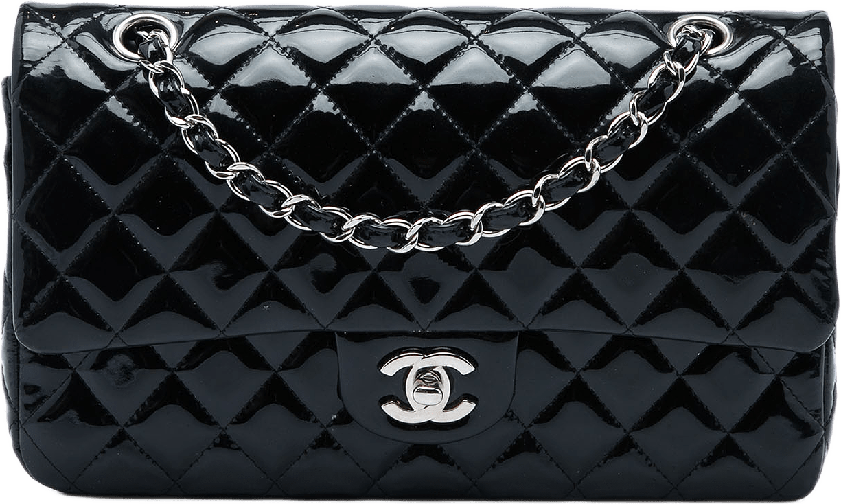 Chanel Medium Classic Patent Double Flap, från Luxclusif, i färgen svart.