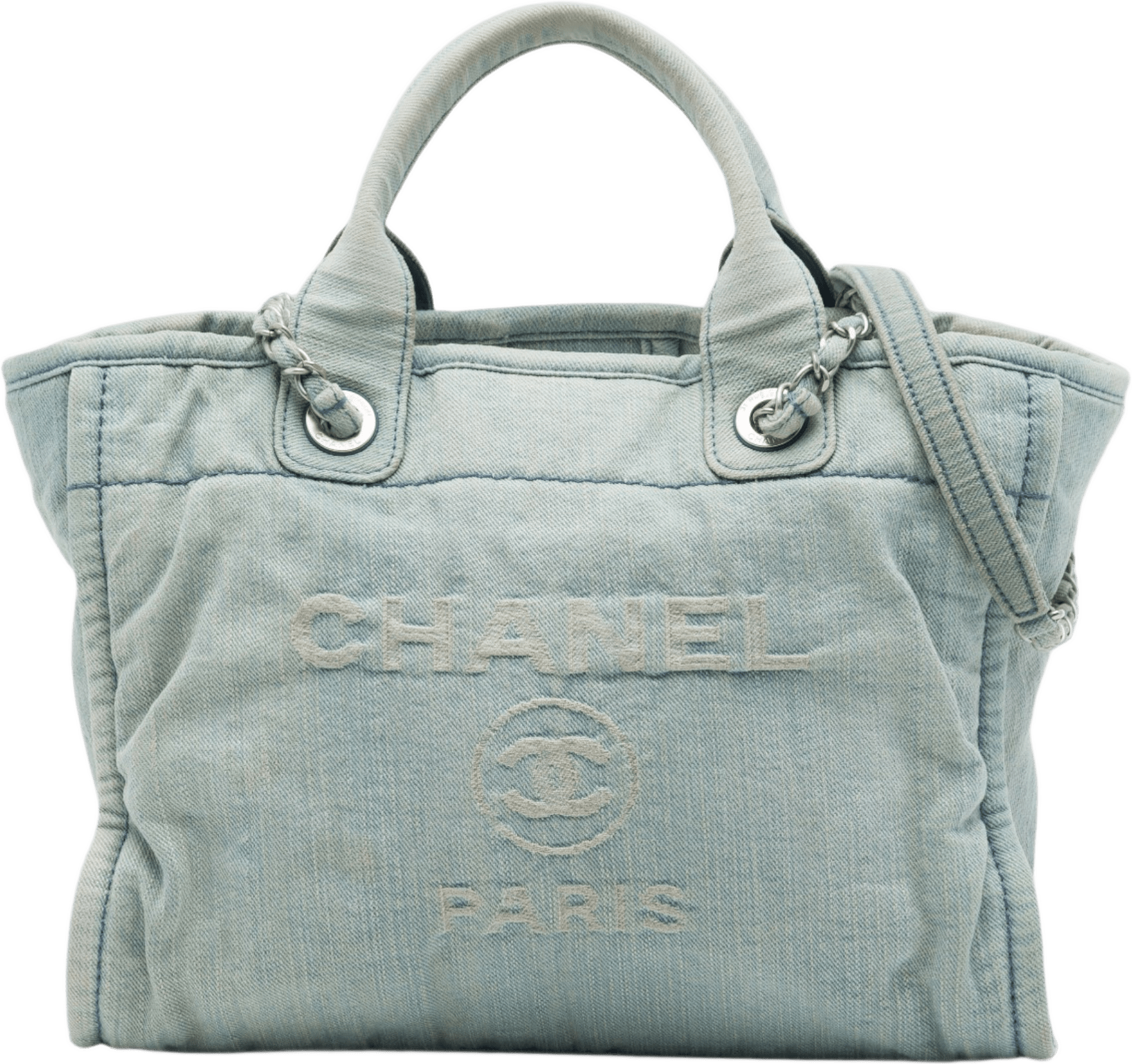 Chanel Small Denim Deauville Tote, från Luxclusif, i färgen blå.