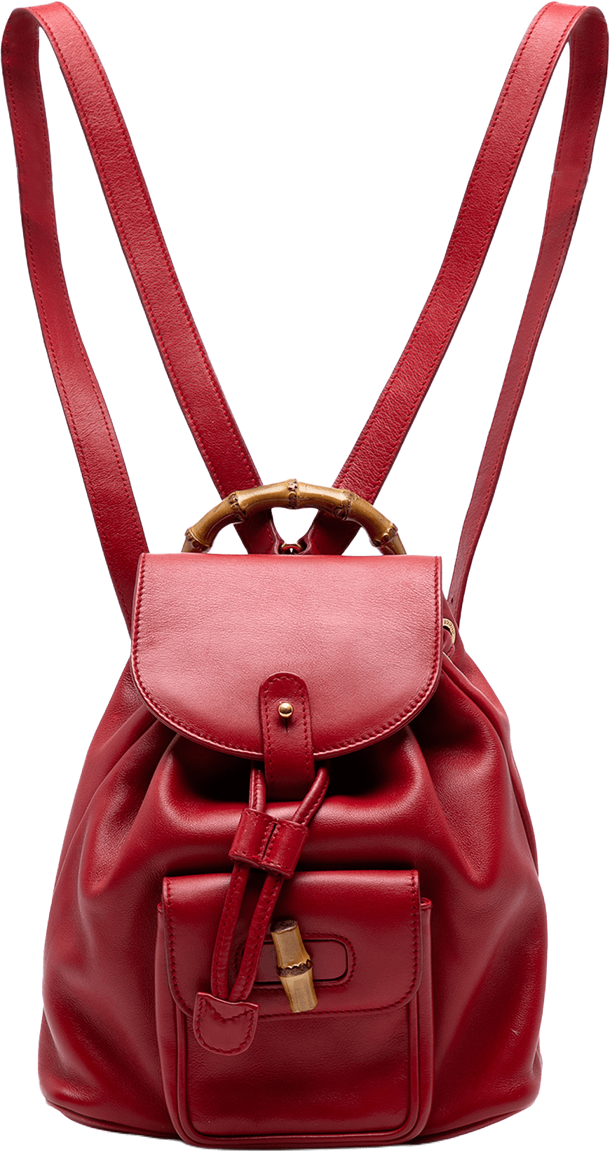 Gucci Leather Bamboo Drawstring Backpack, från Luxclusif, i färgen red.