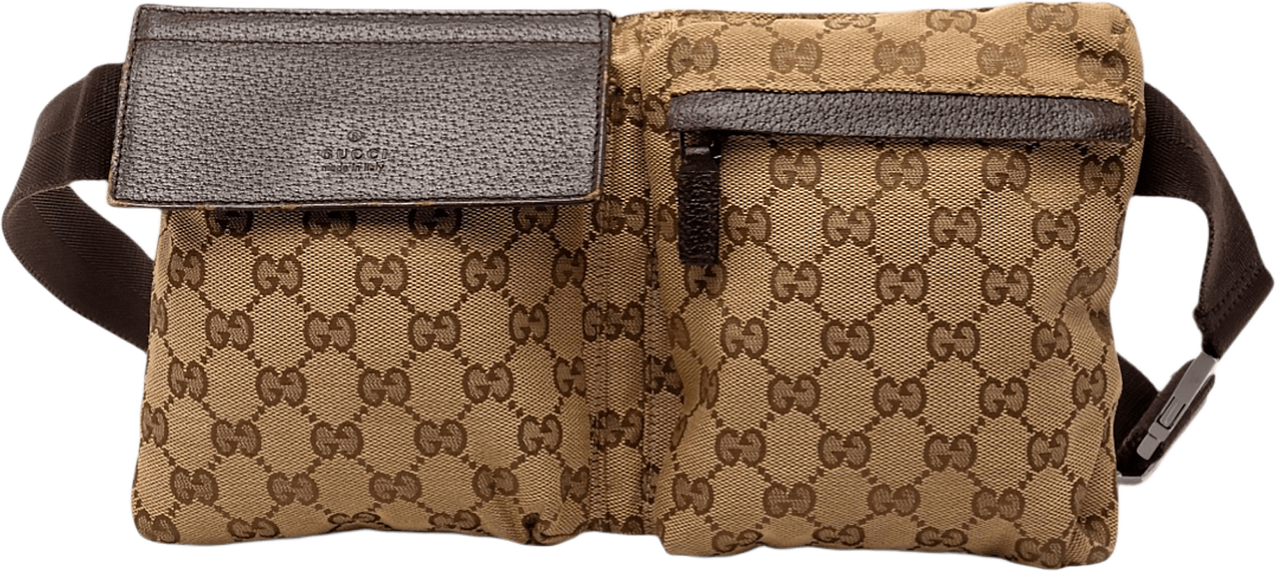 Gucci Gg Canvas Double Pocket Belt Bag, från Luxclusif, i färgen beige.