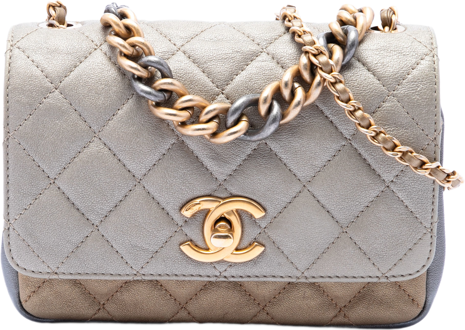 Chanel Small Tricolor Quilted Lambskin Camellia Flower Flap, från Luxclusif, i färgen guld.