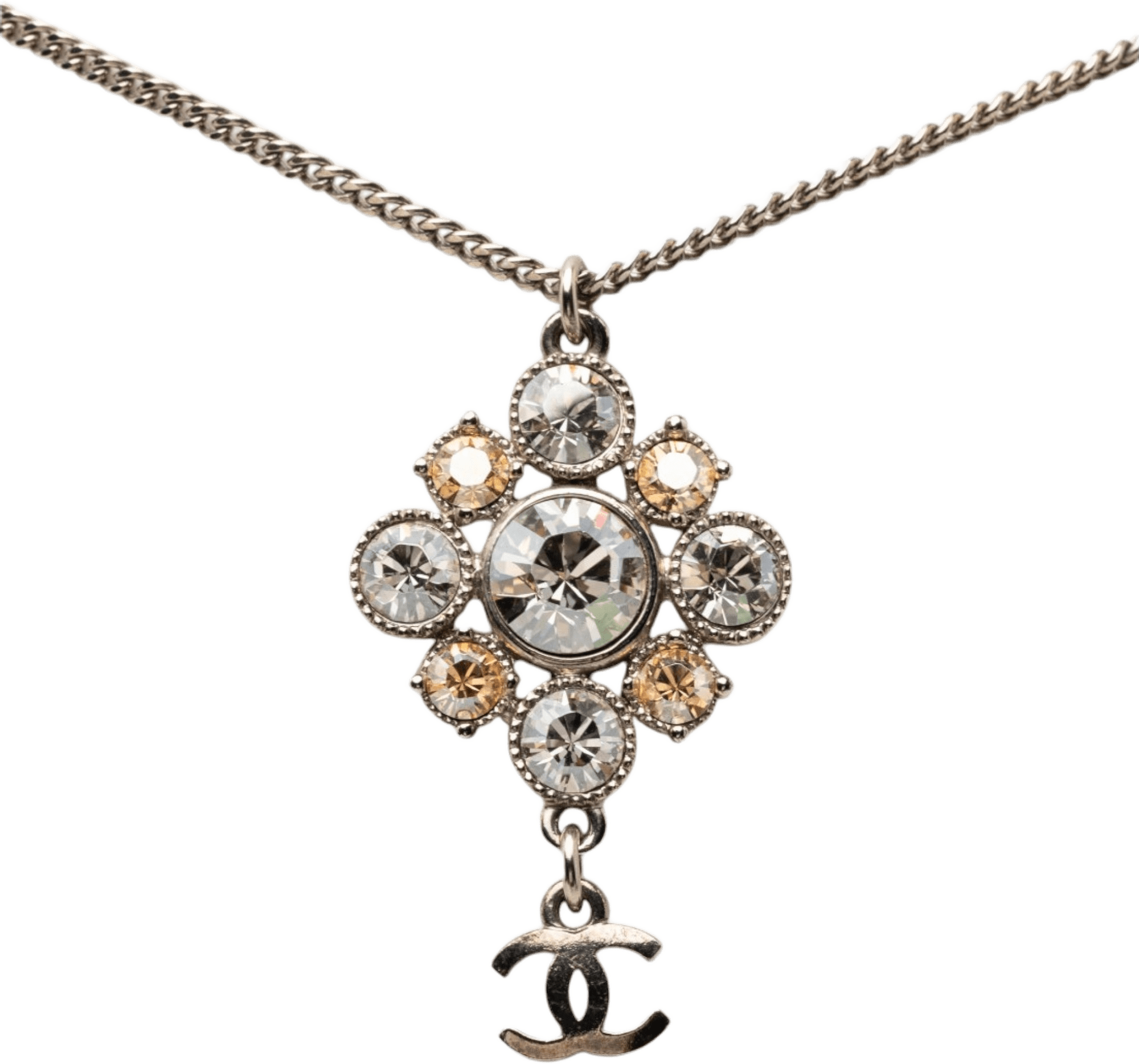 Chanel Brass Cc Strass Pendant Necklace, från Luxclusif, i färgen silver.