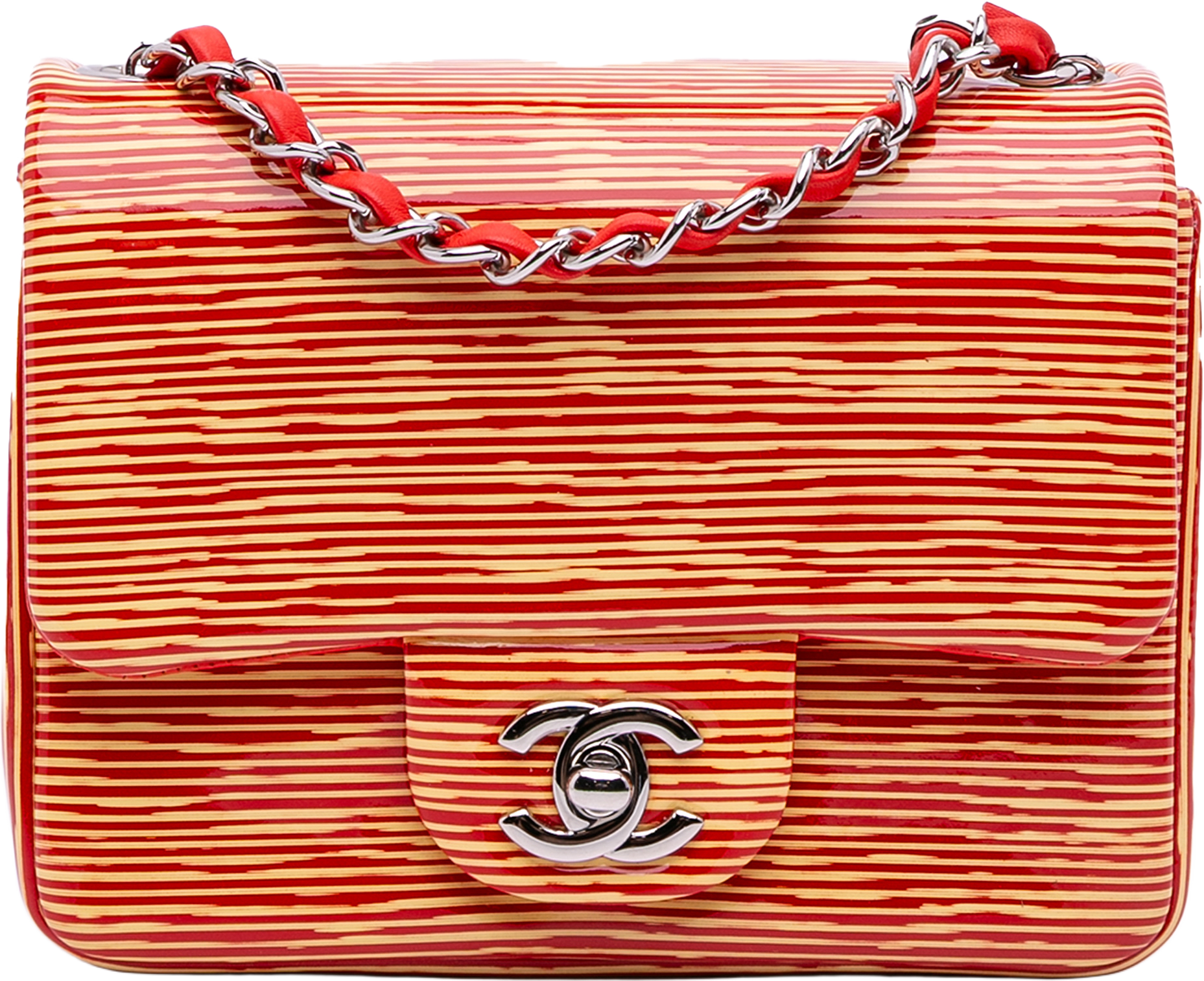 Chanel Mini Square Classic Patent Striped Single Flap, från Luxclusif, i färgen orange.
