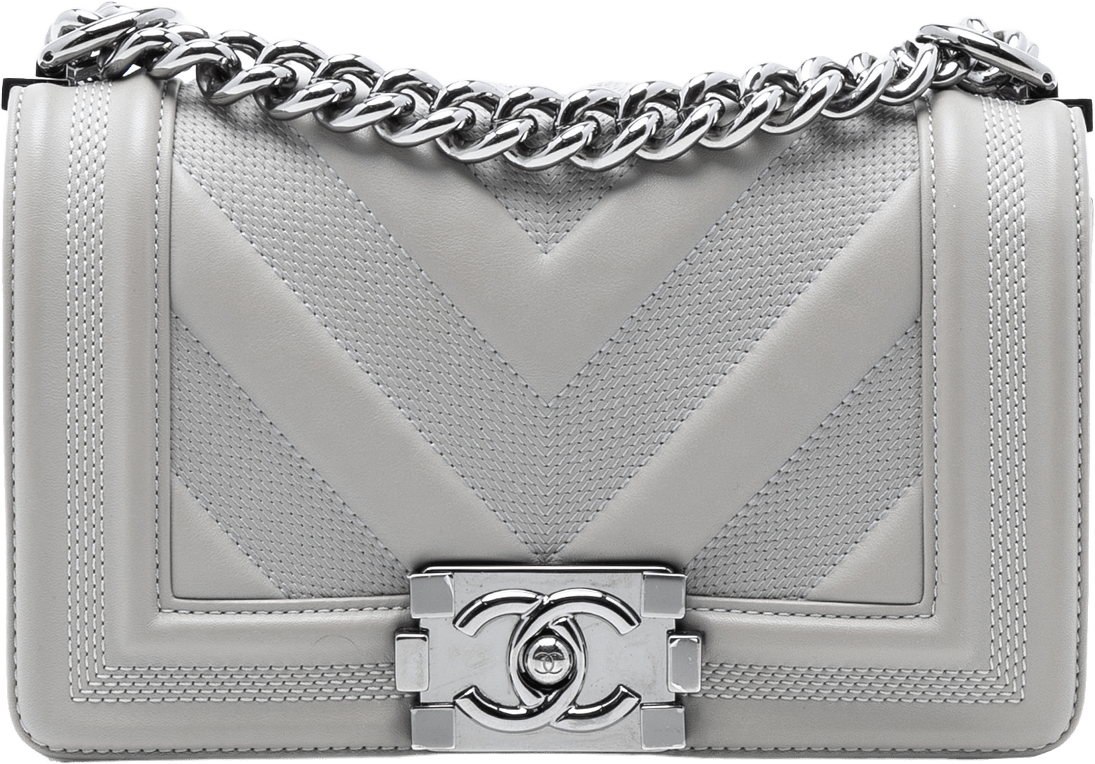 Chanel Small Chevron Stitched Calfskin Boy Flap, från Luxclusif, i färgen gray.