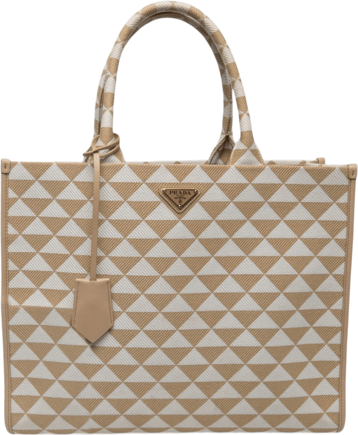Prada Large Triangolo Jacquard Symbole Tote, från Luxclusif, i färgen beige.