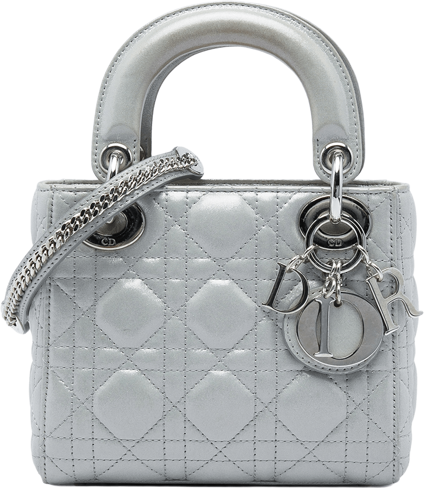 Dior Mini Iridescent Lambskin Cannage Lady Dior, från Luxclusif, i färgen silver.