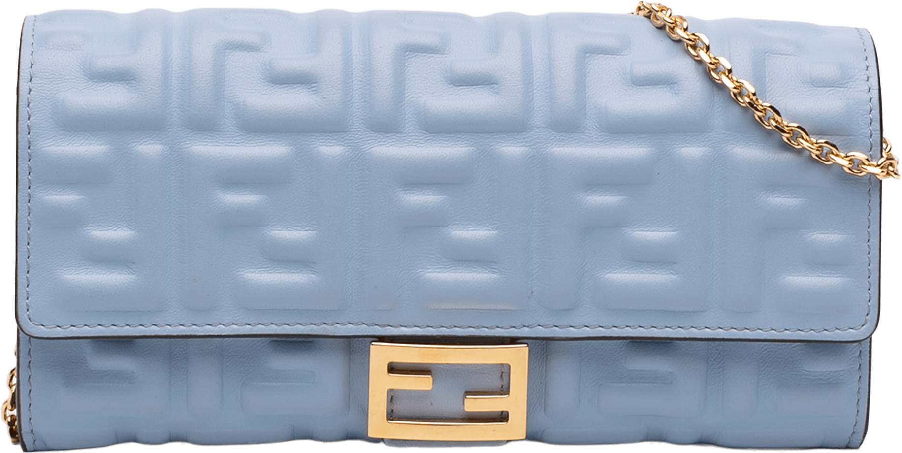 Fendi Zucca Embossed Leather Wallet On Chain, från Luxclusif, i färgen light blue.