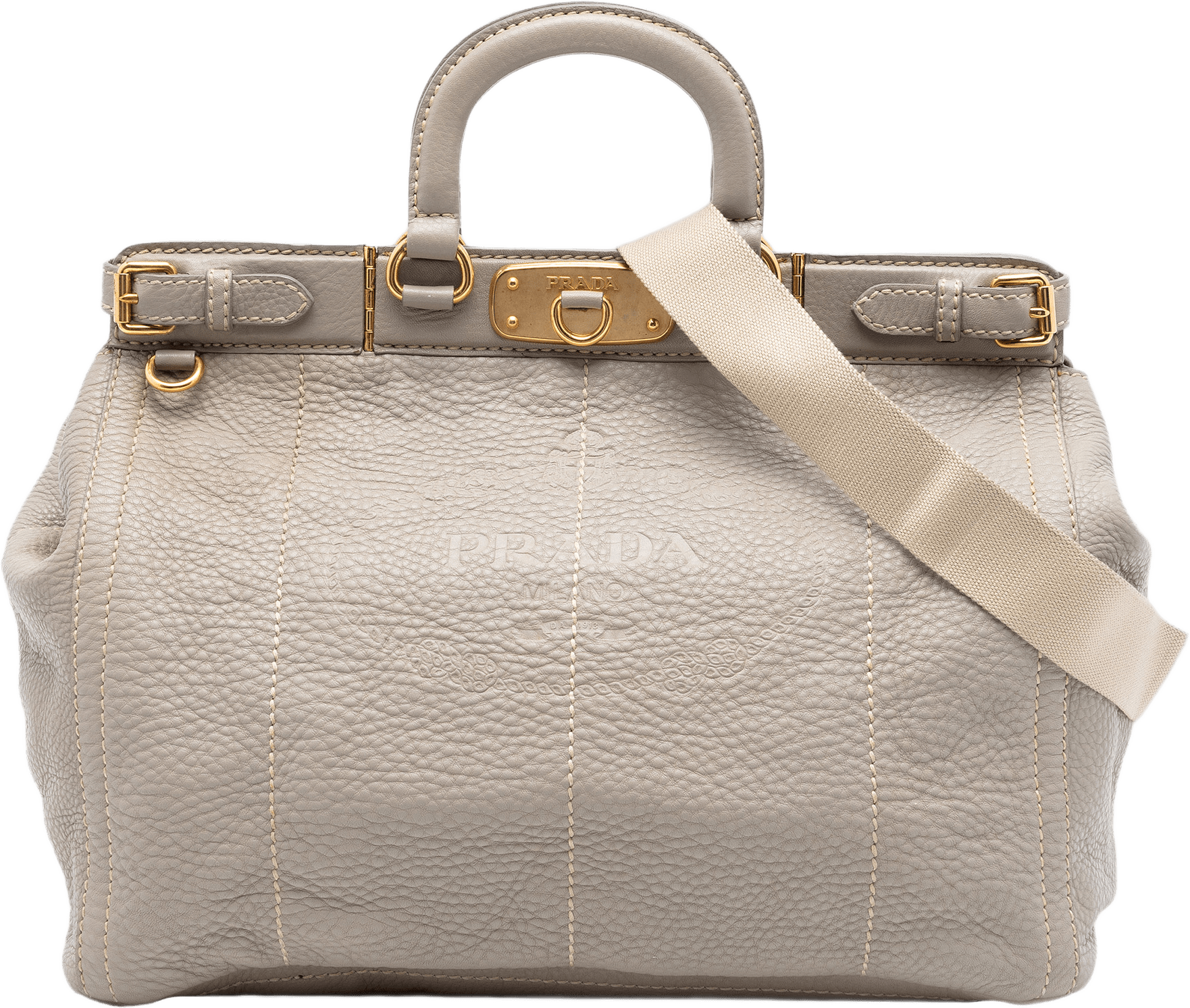 Prada Vitello Daino Canapa Logo Frame Satchel, från Luxclusif, i färgen light gray.
