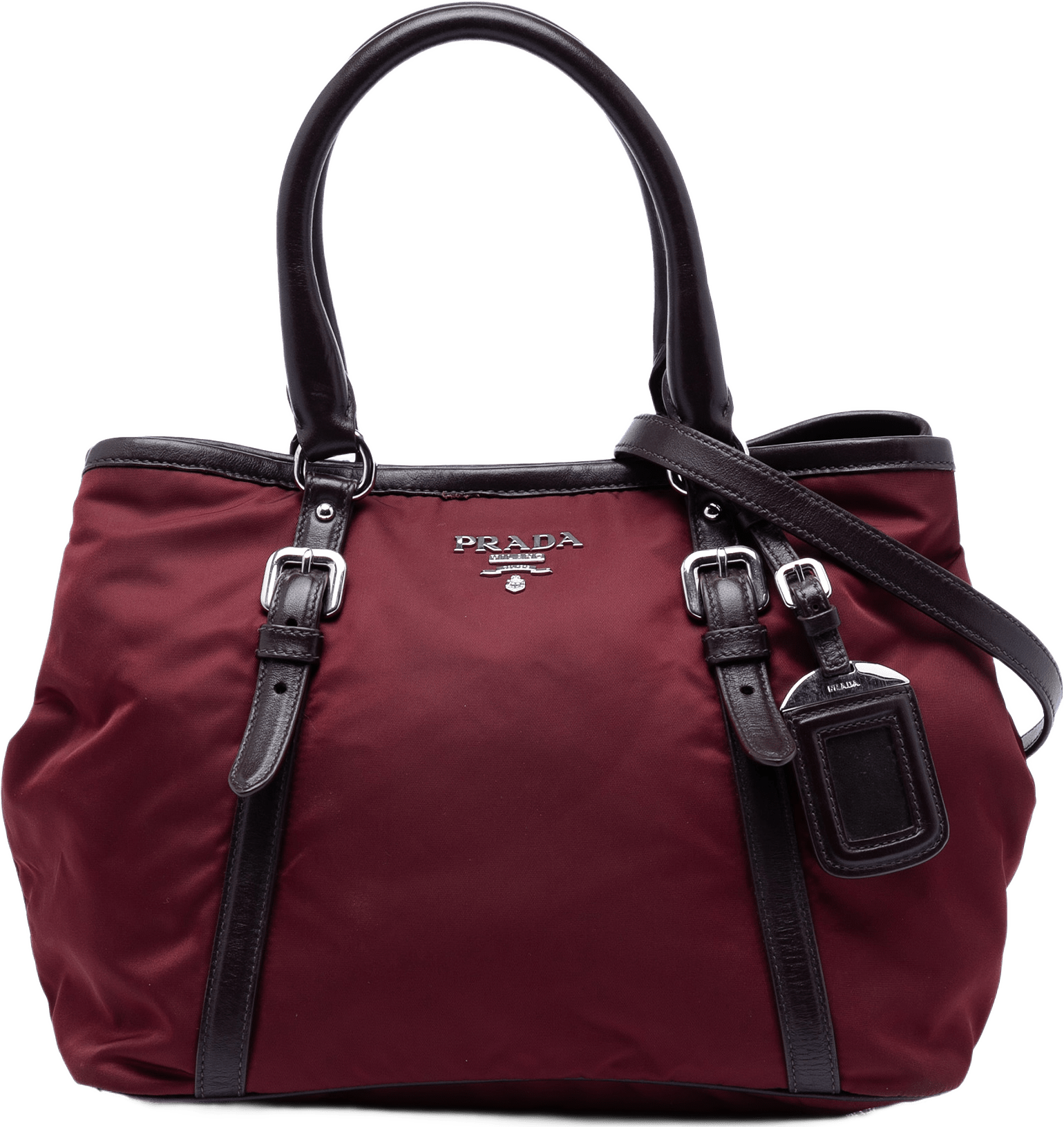 Prada Vitello Daino Trimmed Tessuto Satchel, från Luxclusif, i färgen burgundy.