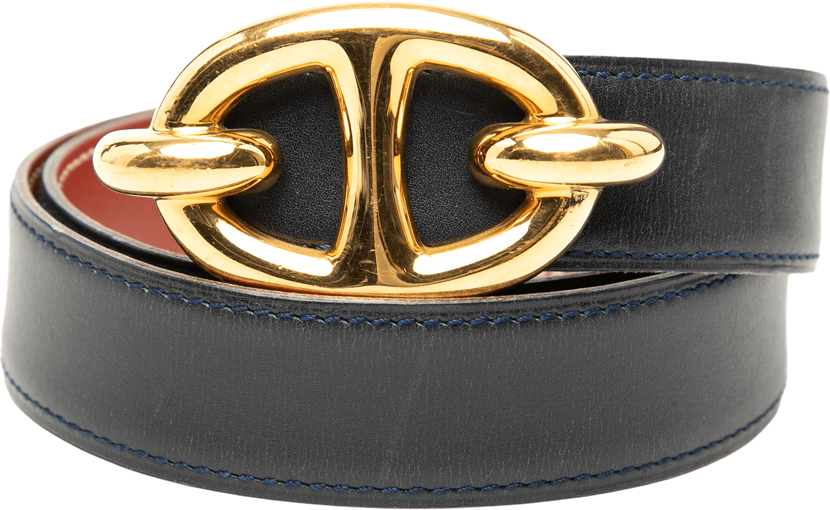 Hermès Box Calf Chaine D Ancre Reversible Belt 65, från Luxclusif, i färgen navy.