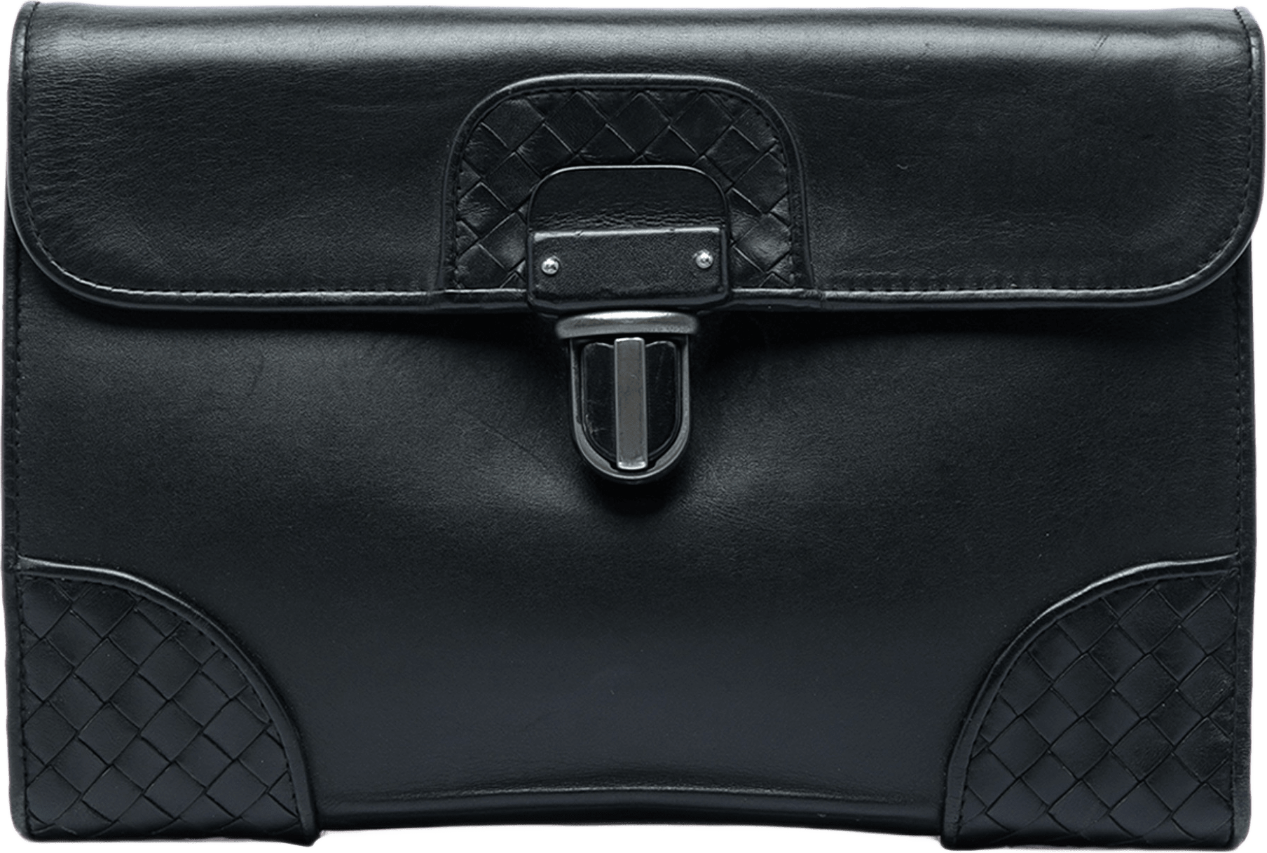 Bottega Veneta Intrecciato Trimmed Nappa Slide Lock Clutch, från Luxclusif, i färgen svart.