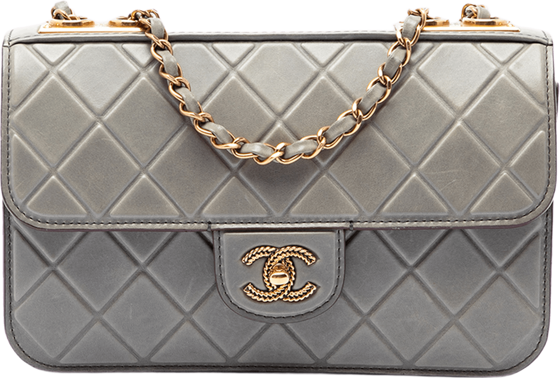 Chanel Cc Quilted Debossed Calfskin Flap, från Luxclusif, i färgen grå.