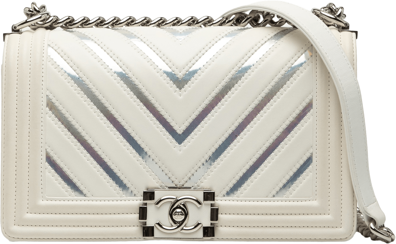 Chanel Old Medium Chevron Lambskin And Iridescent Pvc Boy Flap, från Luxclusif, i färgen ivory.