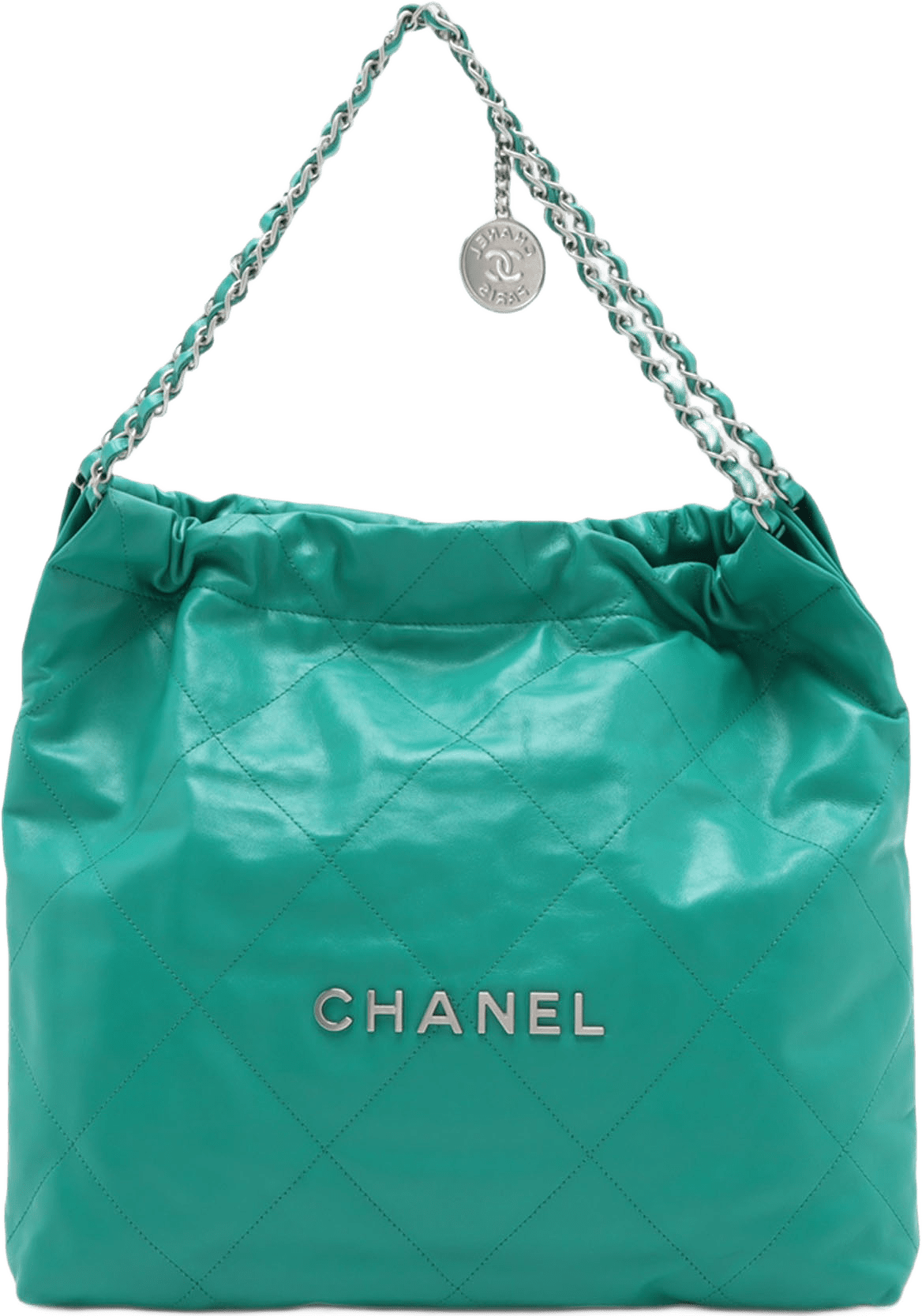 Chanel Medium Quilted Shiny Calfskin 22 Handbag, från Luxclusif, i färgen grön.