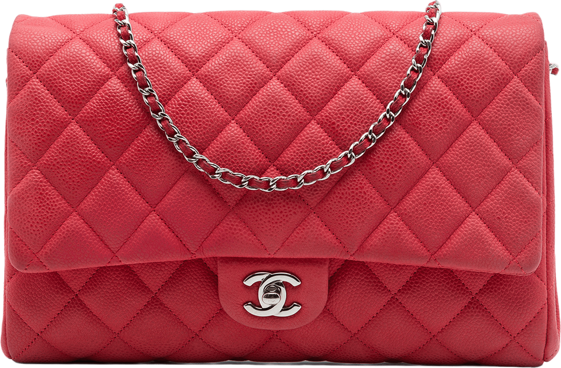 Chanel Cc Quilted Caviar Flap Clutch With Chain, från Luxclusif, i färgen röd.
