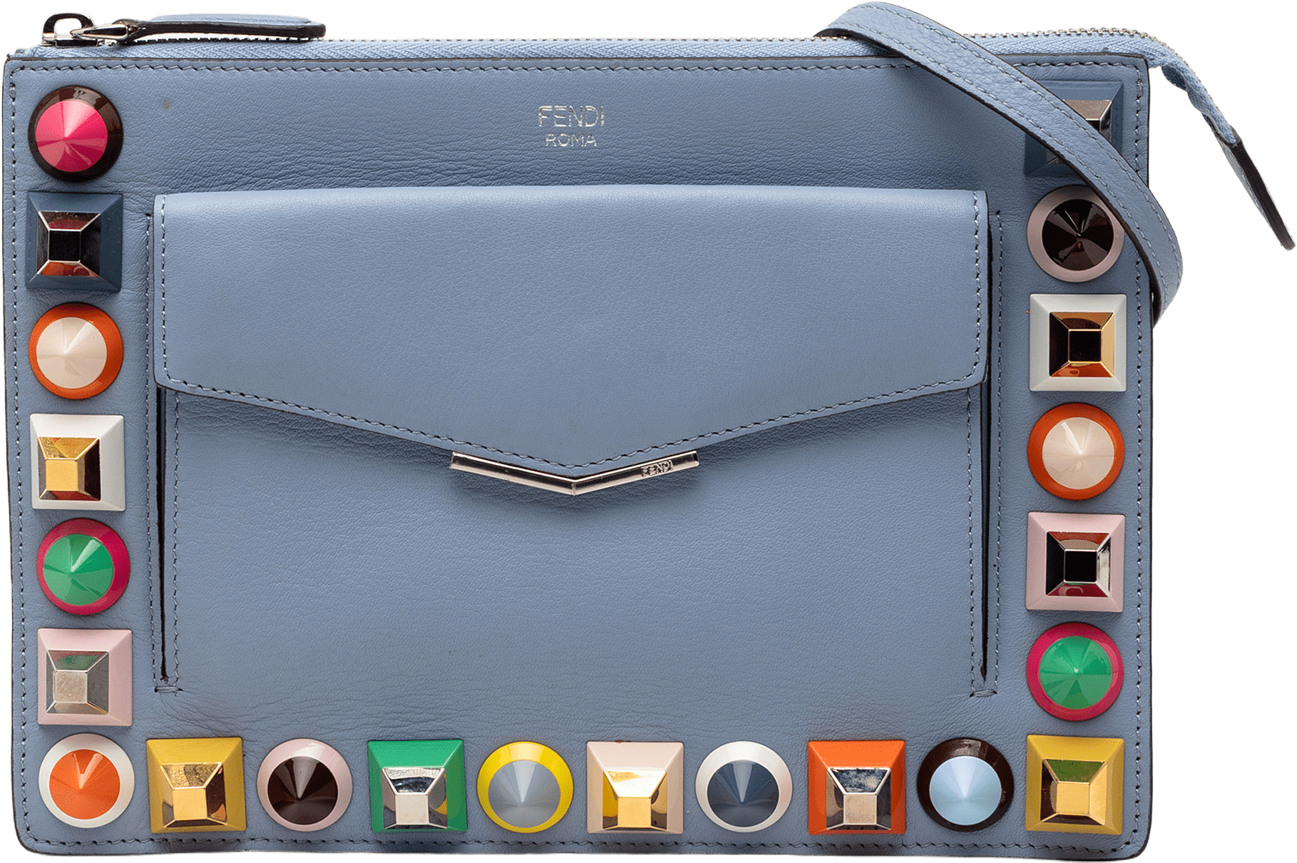Fendi Mini 2jours Studded Leather Vitello Dolce Crossbody, från Luxclusif, i färgen light blue.