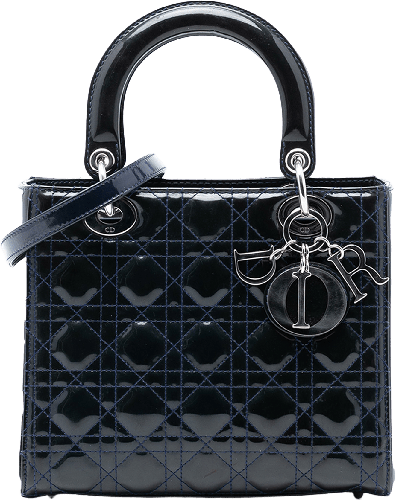 Dior Medium Patent Cannage Lady Dior, från Luxclusif, i färgen navy.
