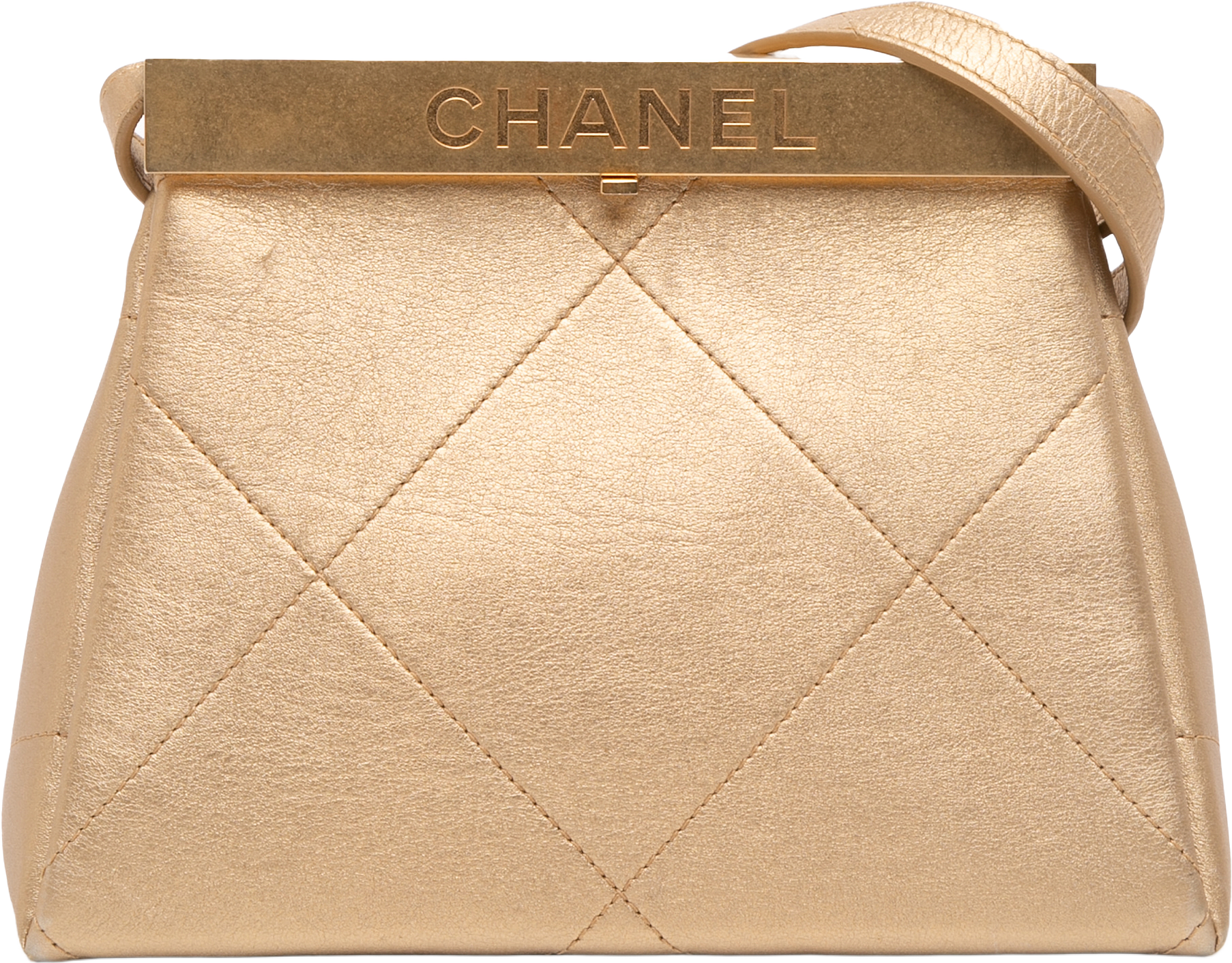 Chanel Small Calfskin Kiss Lock Frame Bag, från Luxclusif, i färgen gold.
