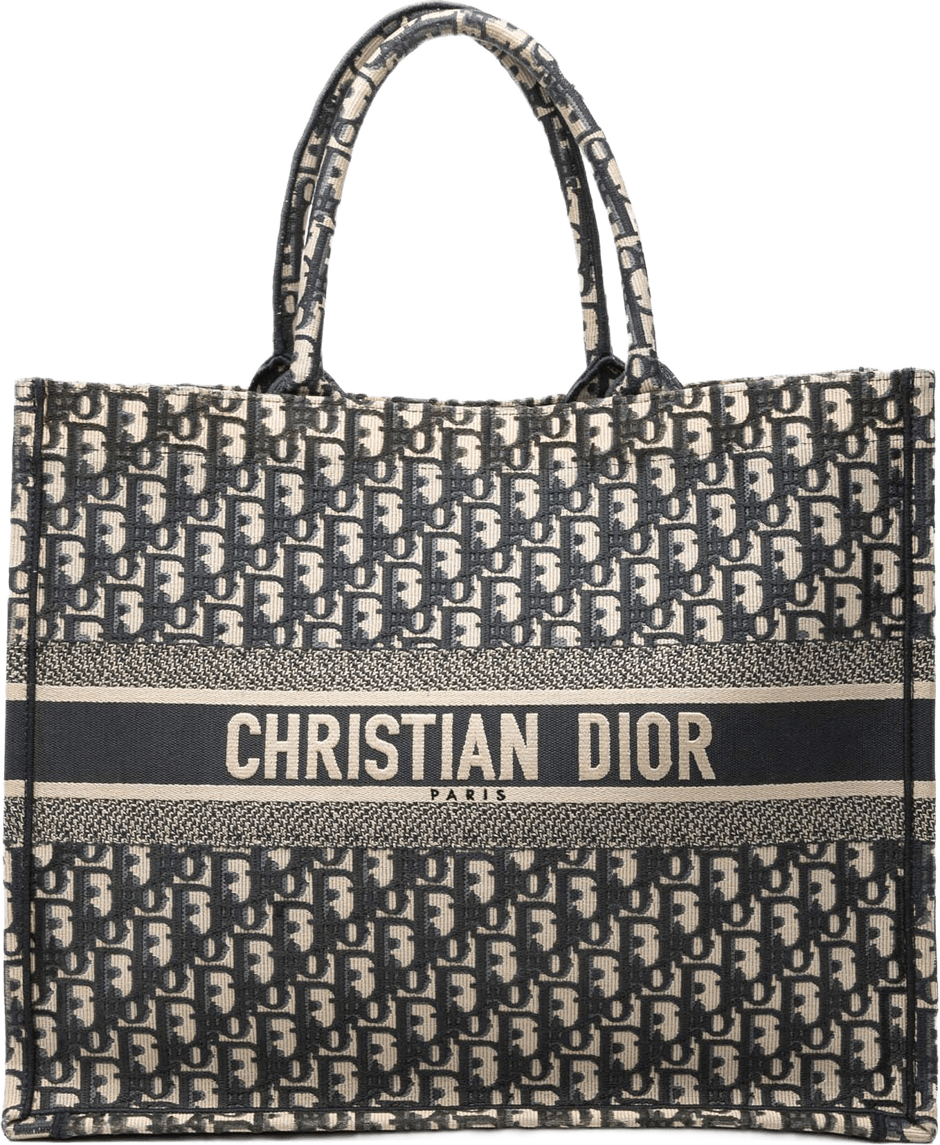 Dior Large Oblique Embroidered Canvas Book Tote, från Luxclusif, i färgen navy.
