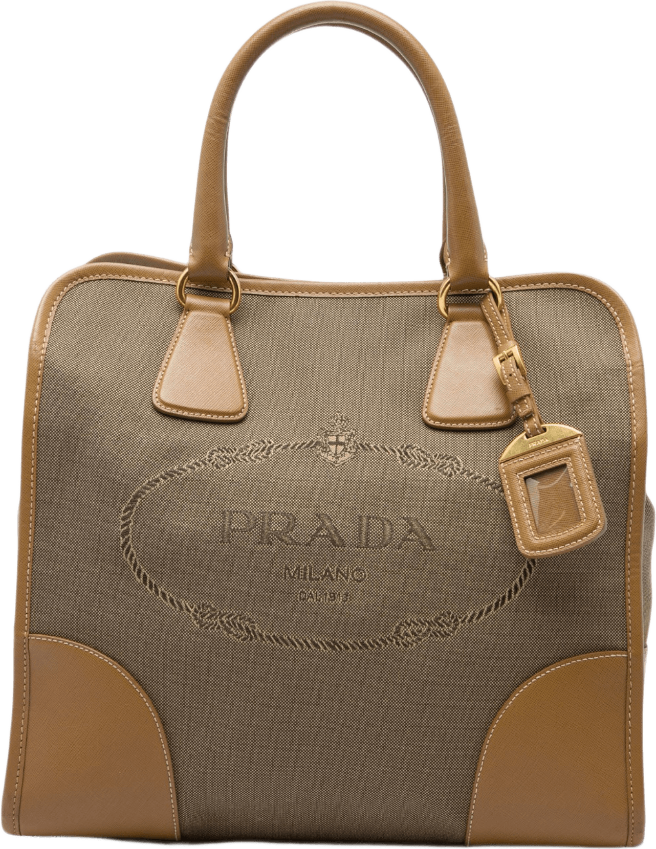 Prada Saffiano Trimmed Canvas Canapa Logo Satchel, från Luxclusif, i färgen brun.