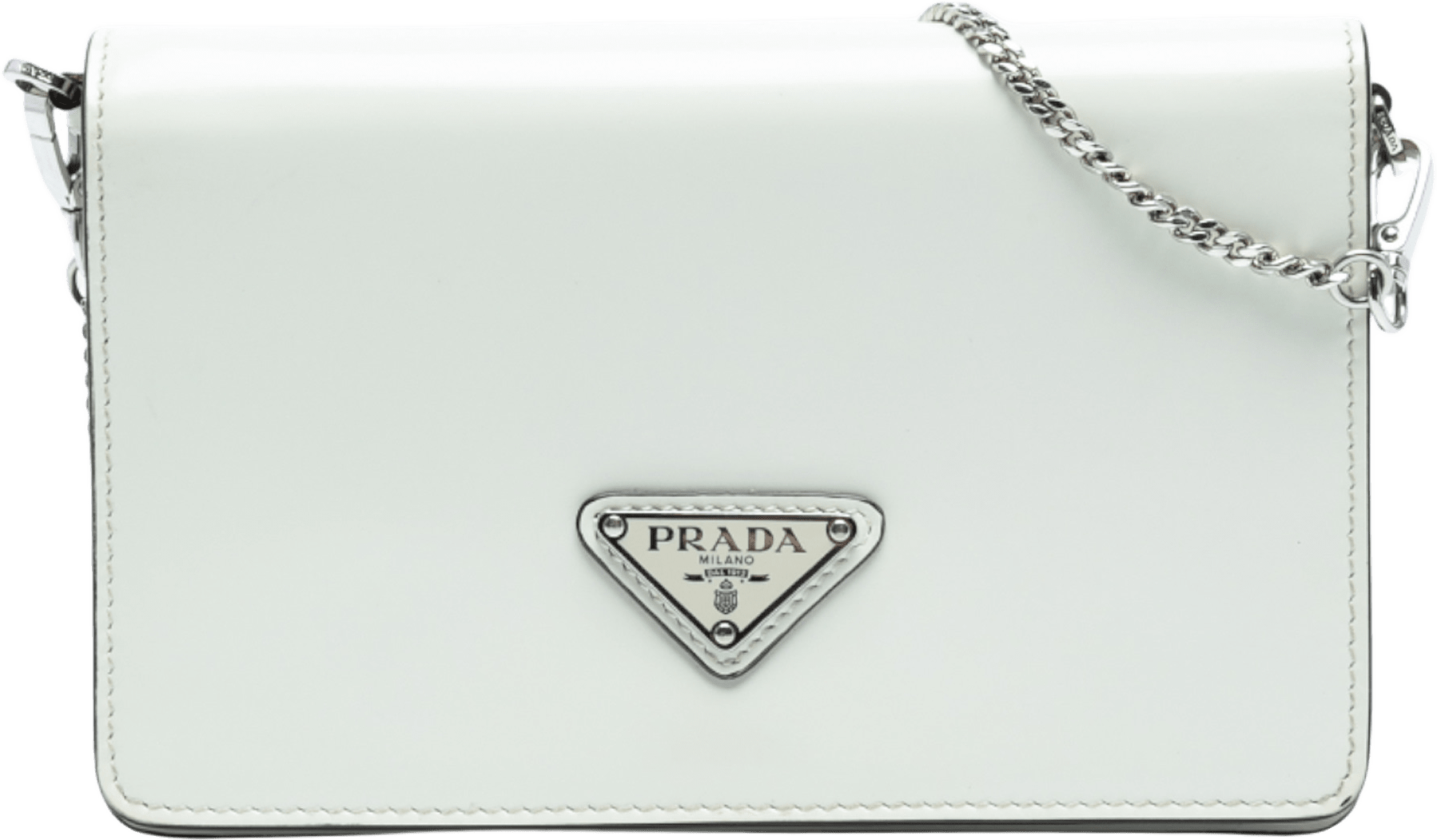 Prada Mini Brushed Leather Chain Crossbody, från Luxclusif, i färgen white.