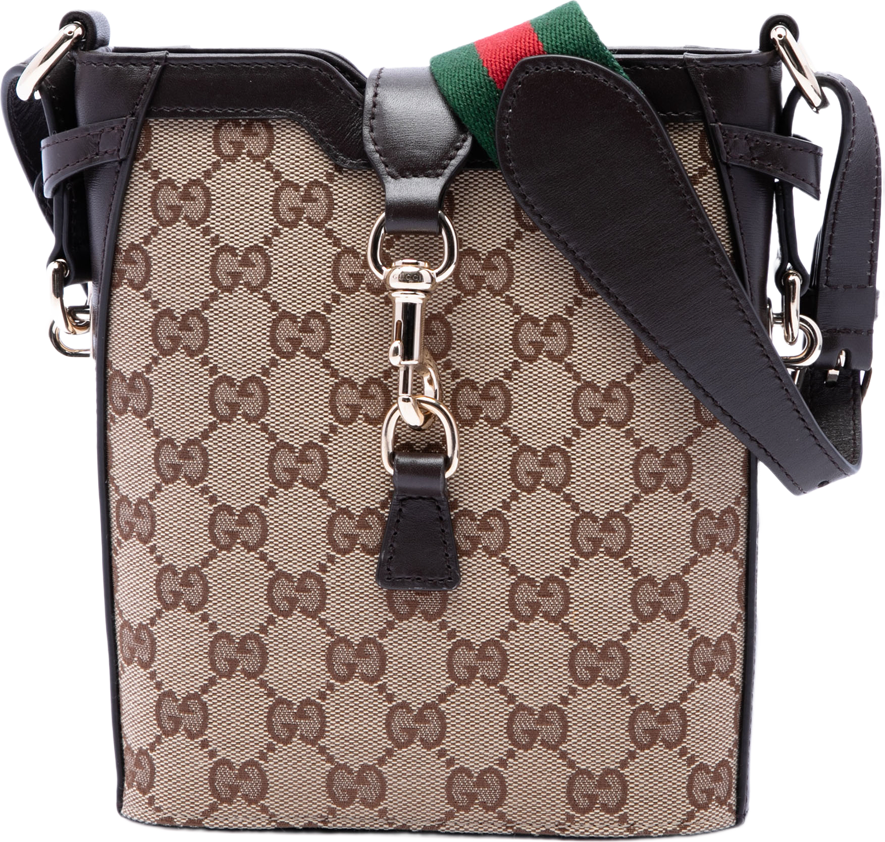 Gucci Mini Gg Canvas Web Bucket Bag, från Luxclusif, i färgen beige.