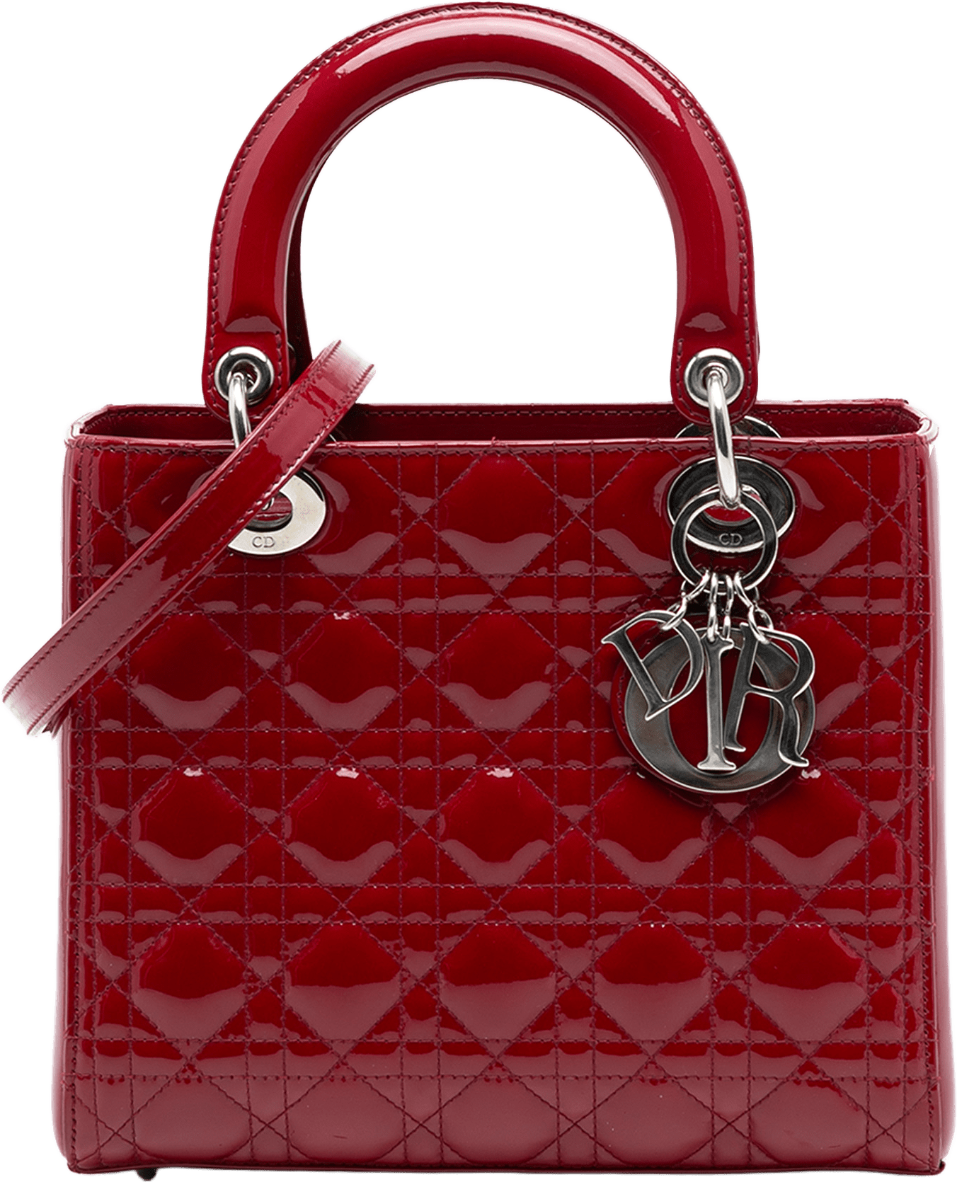 Dior Medium Patent Cannage Lady Dior, från Luxclusif, i färgen dark red.