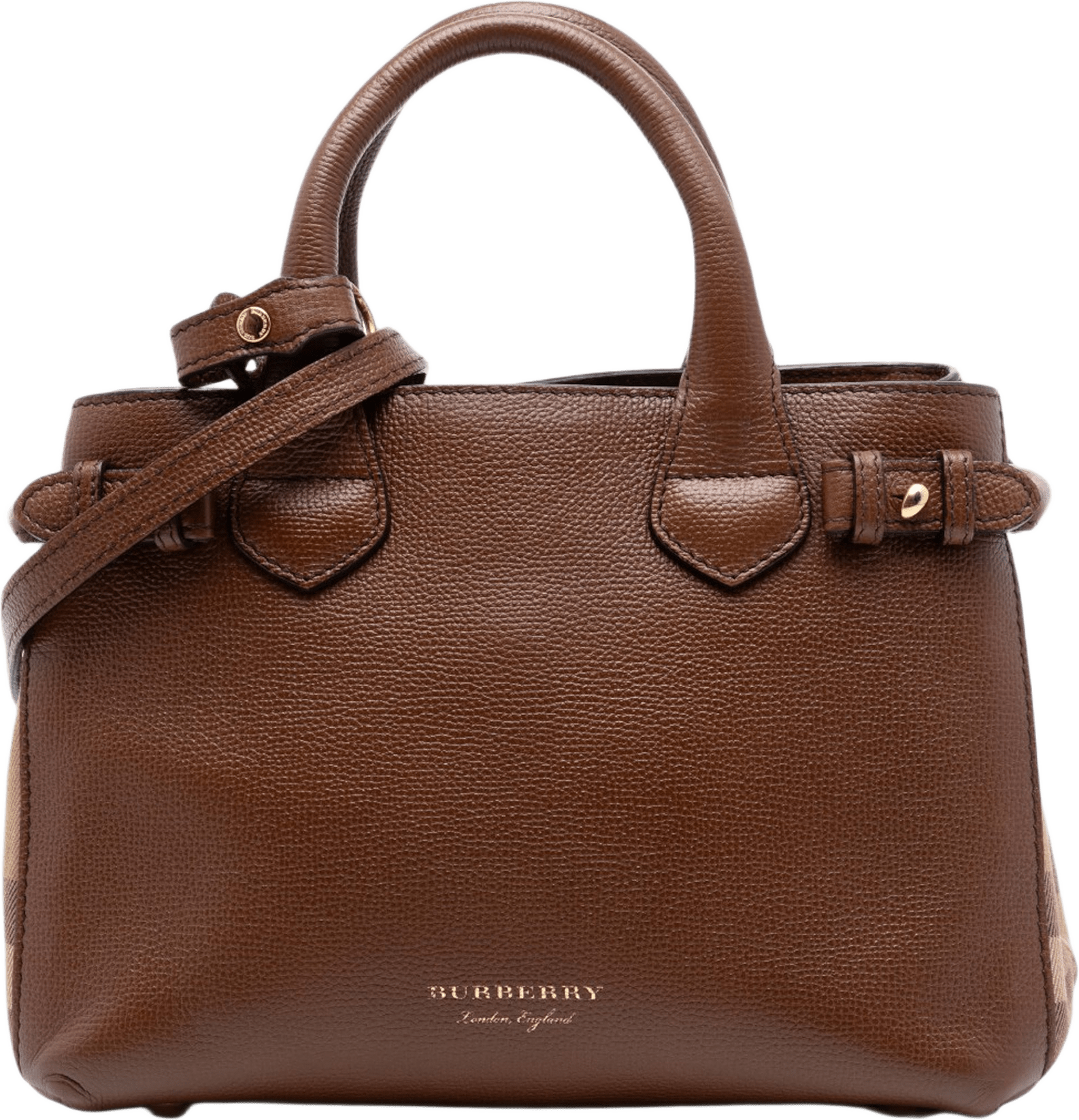 Burberry Small Grainy Calfskin And House Check Banner Satchel, från Luxclusif, i färgen brown.