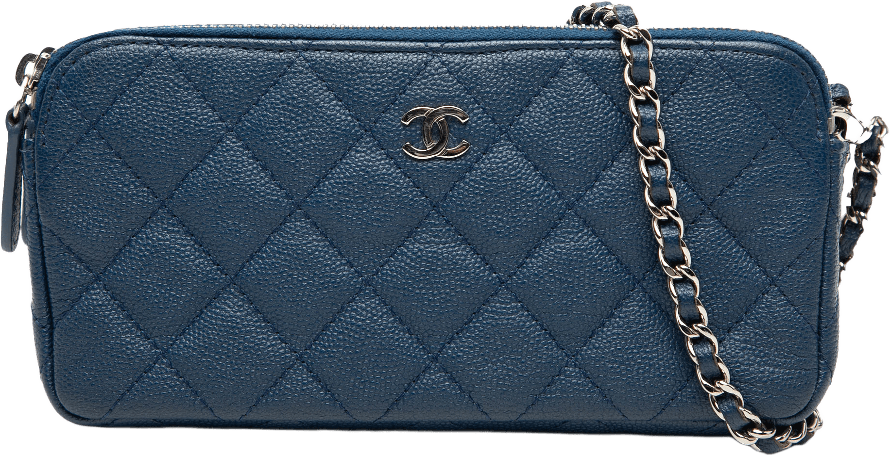 Chanel Cc Quilted Caviar Double Zip Clutch With Chain, från Luxclusif, i färgen navy.