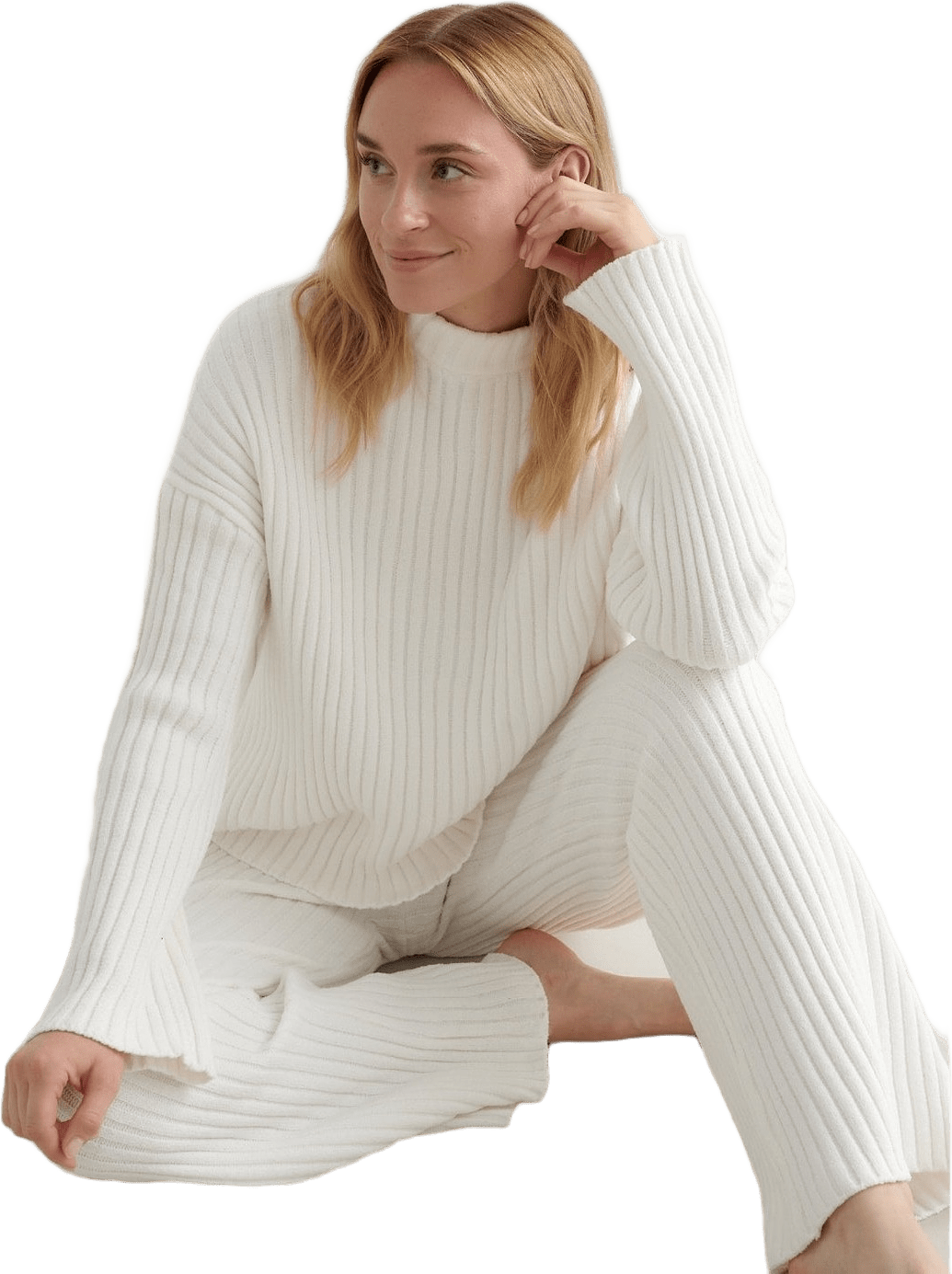 Almond White Rib Knit Sweater