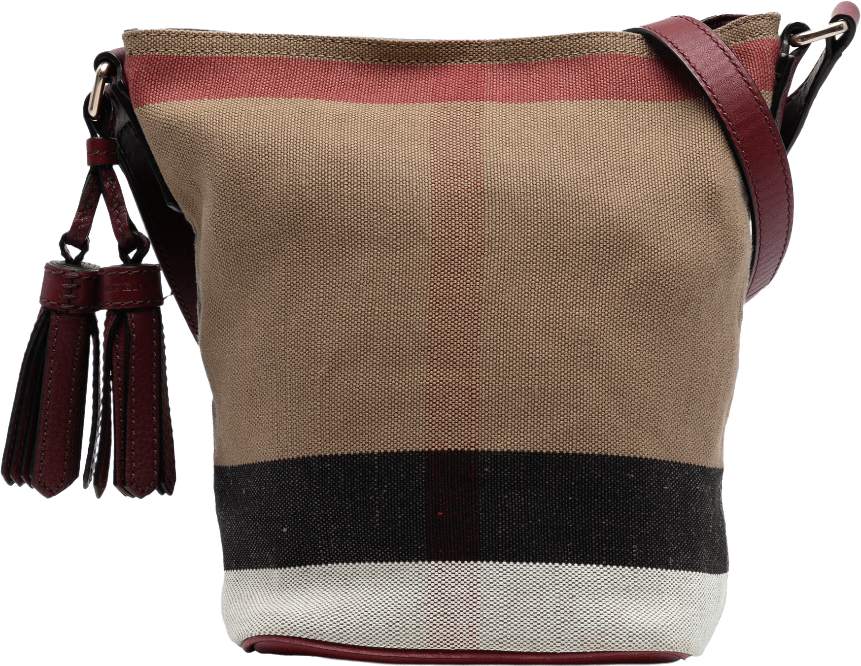 Burberry Mini Mega Check Canvas Ashby Tassel Bucket Bag, från Luxclusif, i färgen light brown.