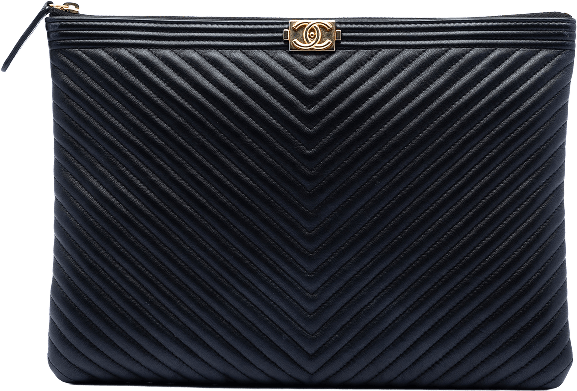 Chanel Medium Chevron Lambskin Boy O Case Clutch, från Luxclusif, i färgen black.